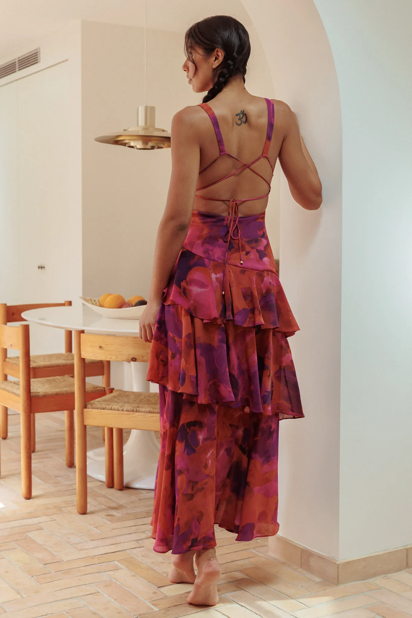 Veda Strappy Back Ruffle Midi Dress Dark Rose