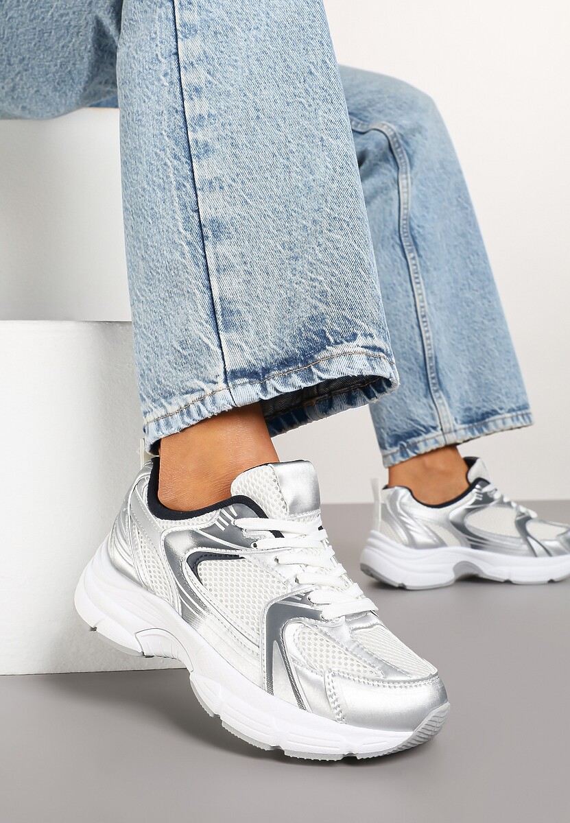 Biało-Srebrne Sneakersy na Grubej Podeszwie z Cholewką z Siateczką Zollexia