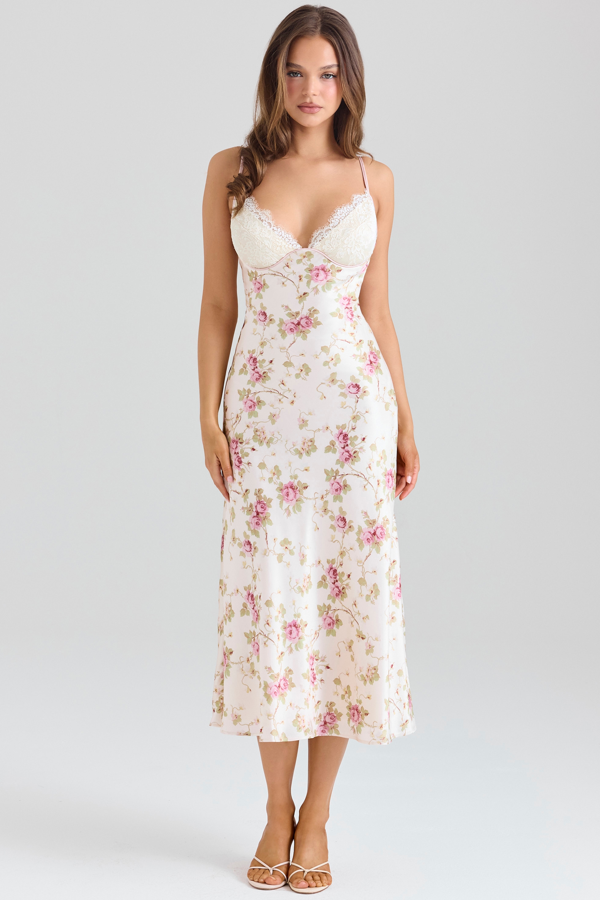 ivory floral print satin bias cut midi dress