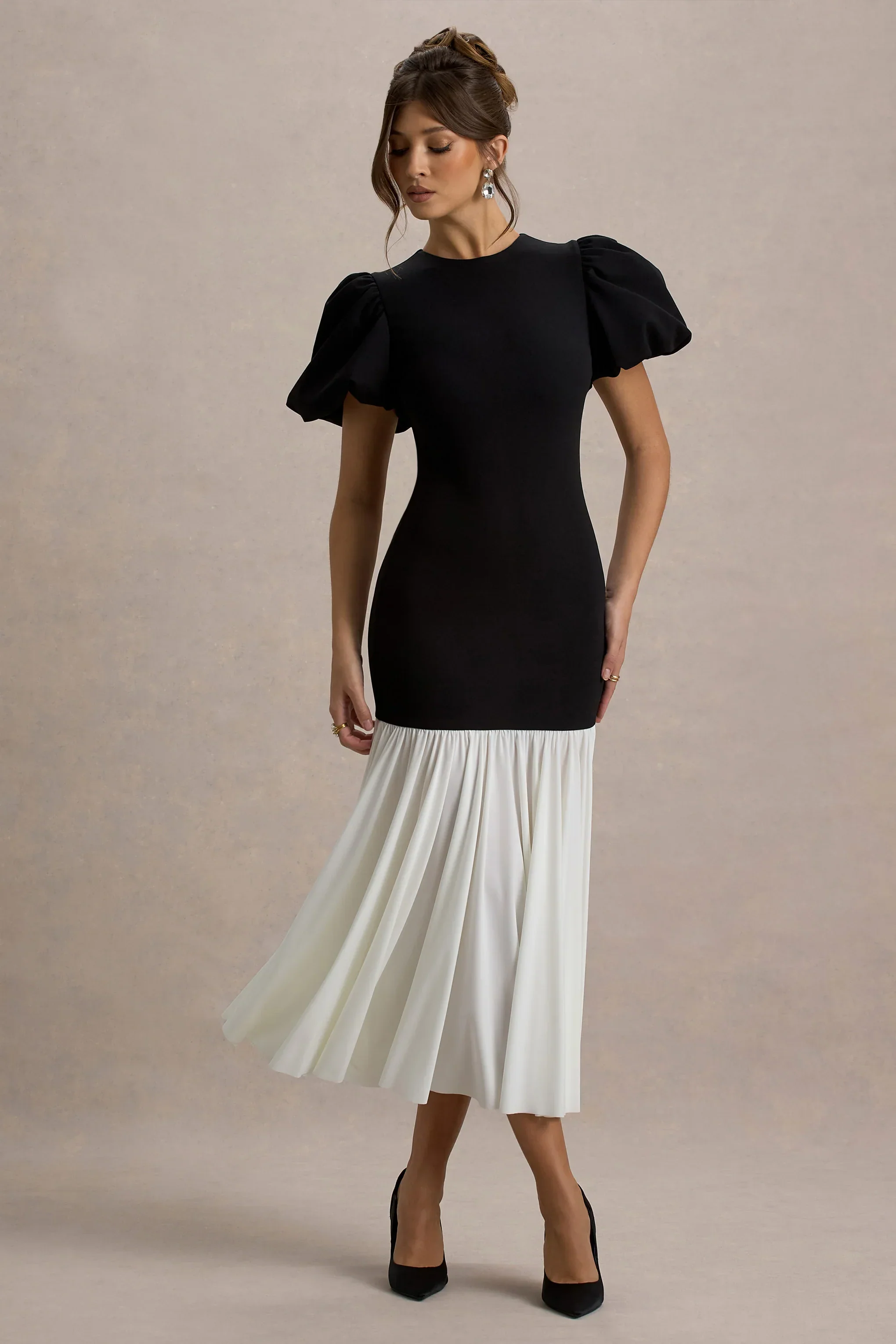 Cinzia | Black & White Puff-Sleeve Volume-Hem Midi Dress