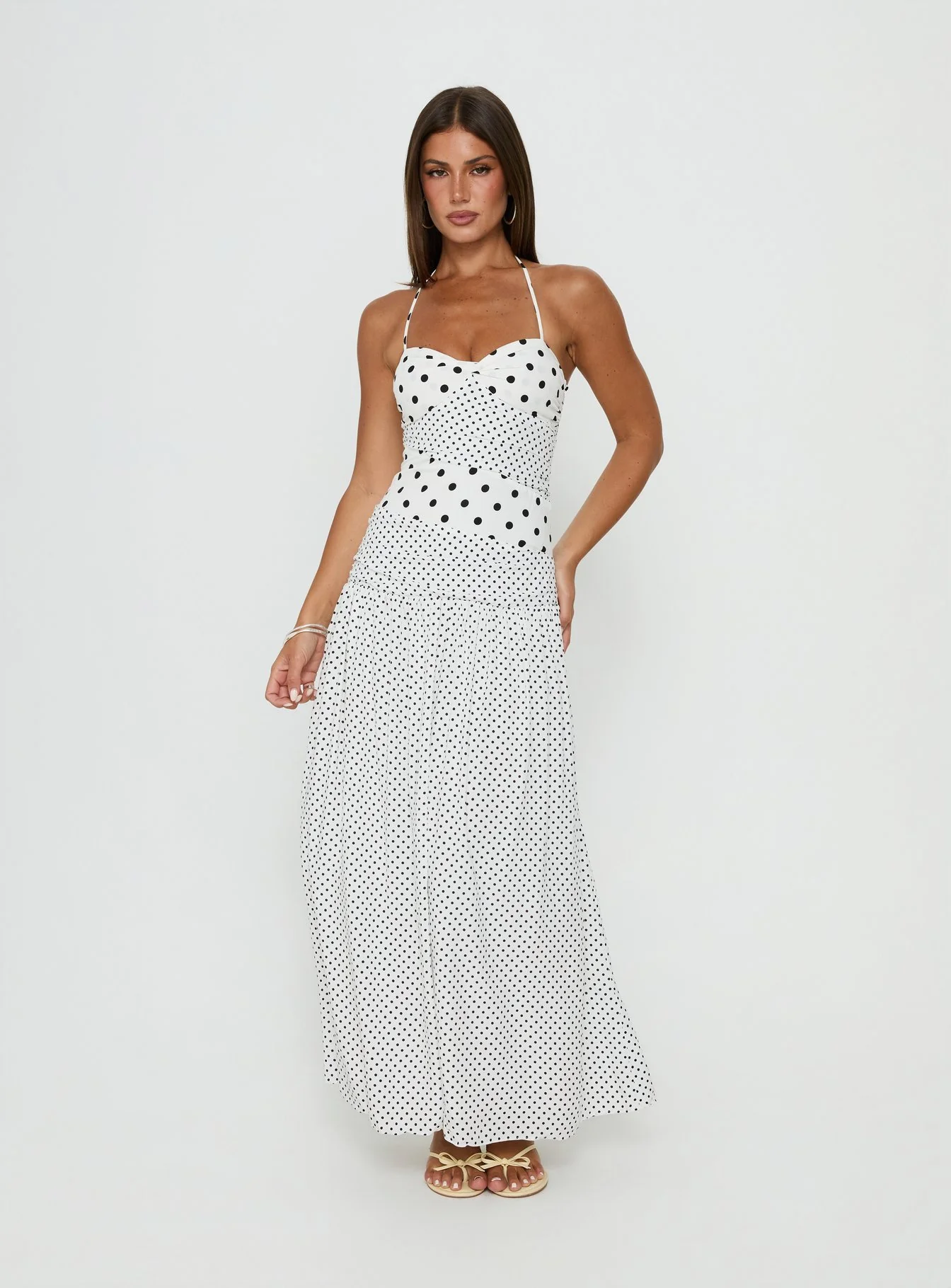 Marguerite Halter Maxi Dress White Polka Dot