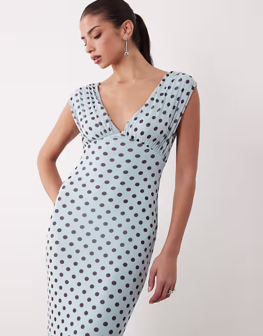 v neck fishtail polka dot print maxi dress in blue