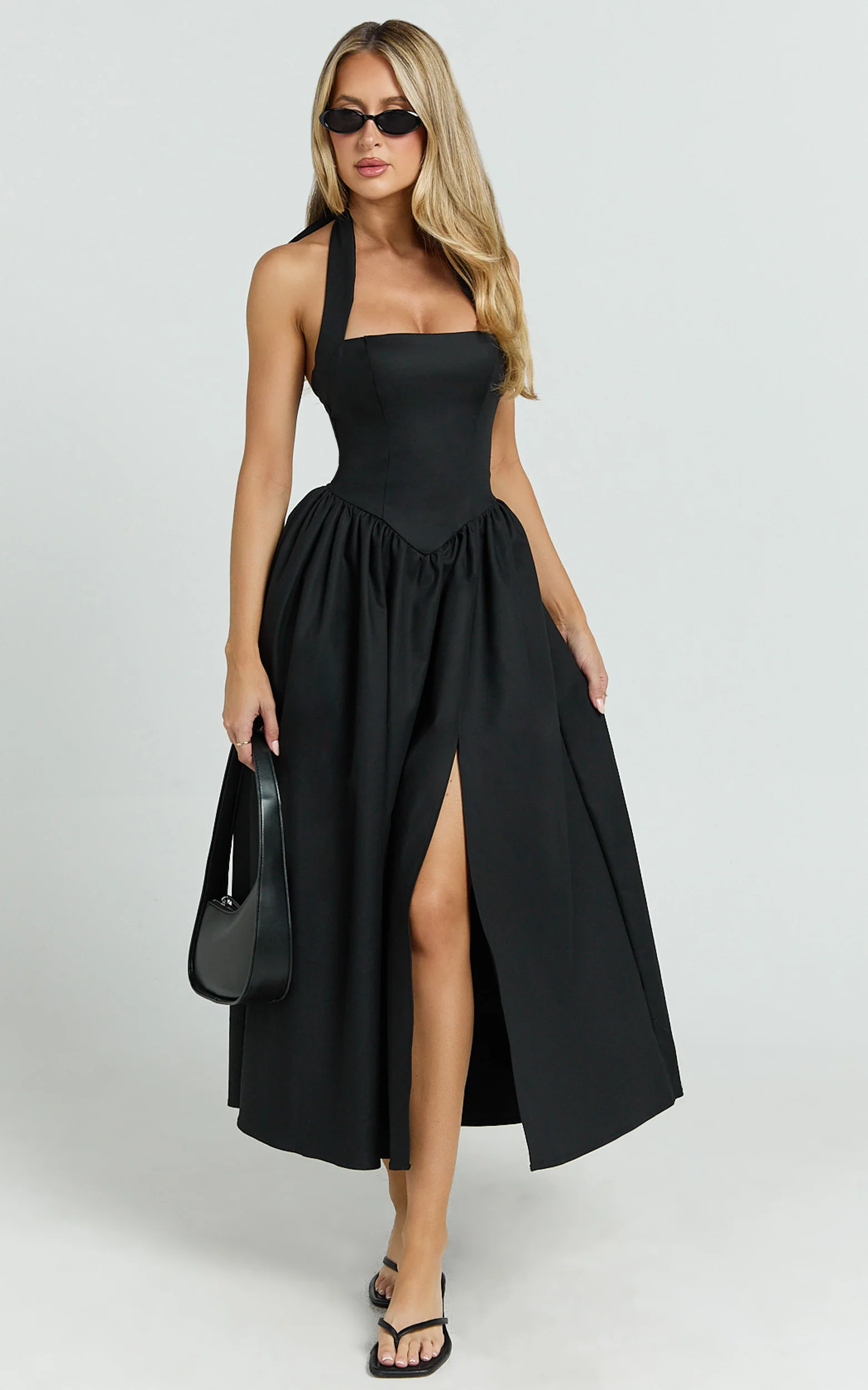 Helda Midi Dress - Halter Tie Neck Corset Panel Dress in Black