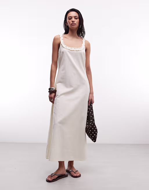 COLLUSION square neck frill detail midi dress in oatmeal