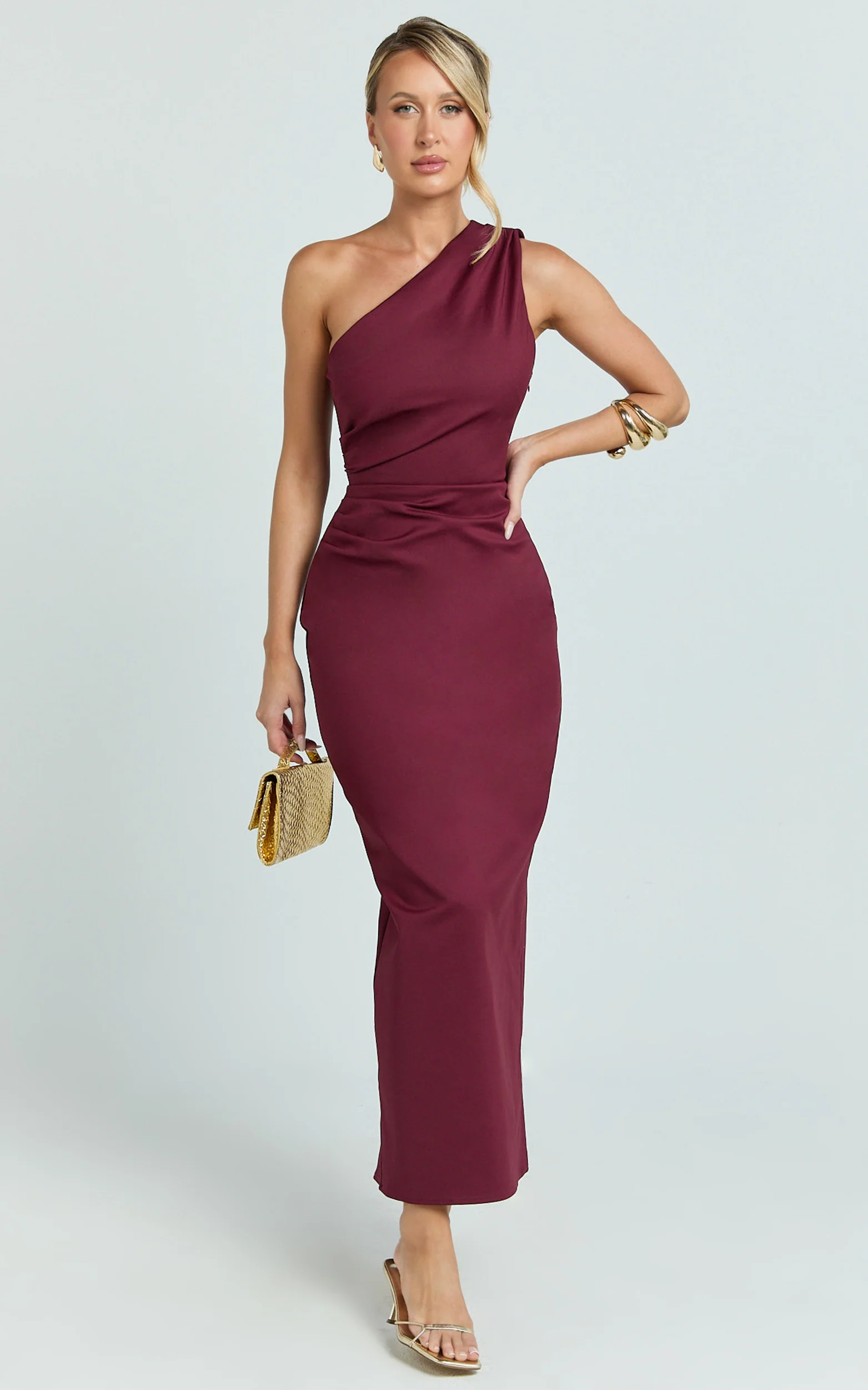 Karlie Midi Dress - One Shoulder Fitted Dress in Wine