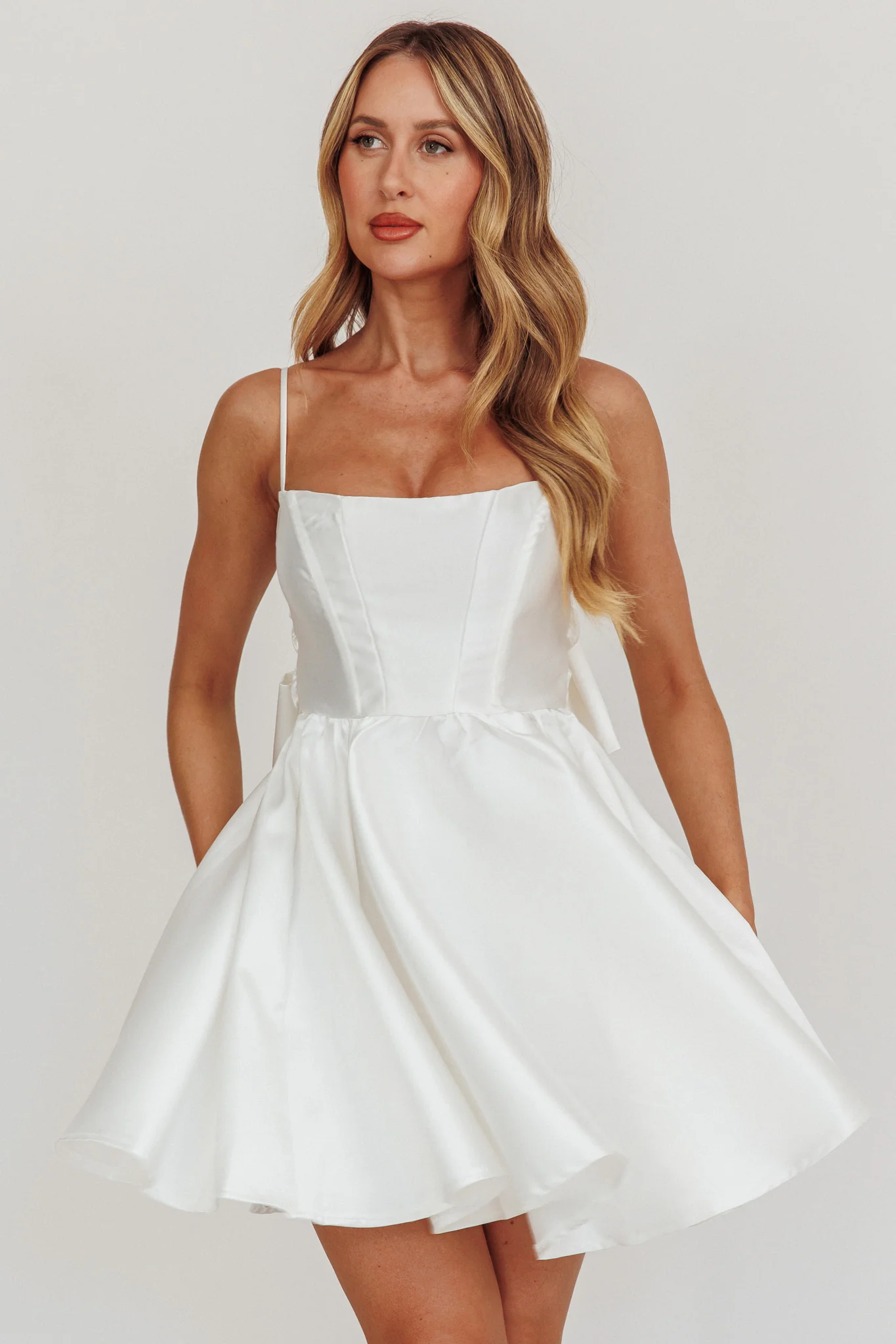 Athens Flared Bow Mini Dress White - luluinthesky