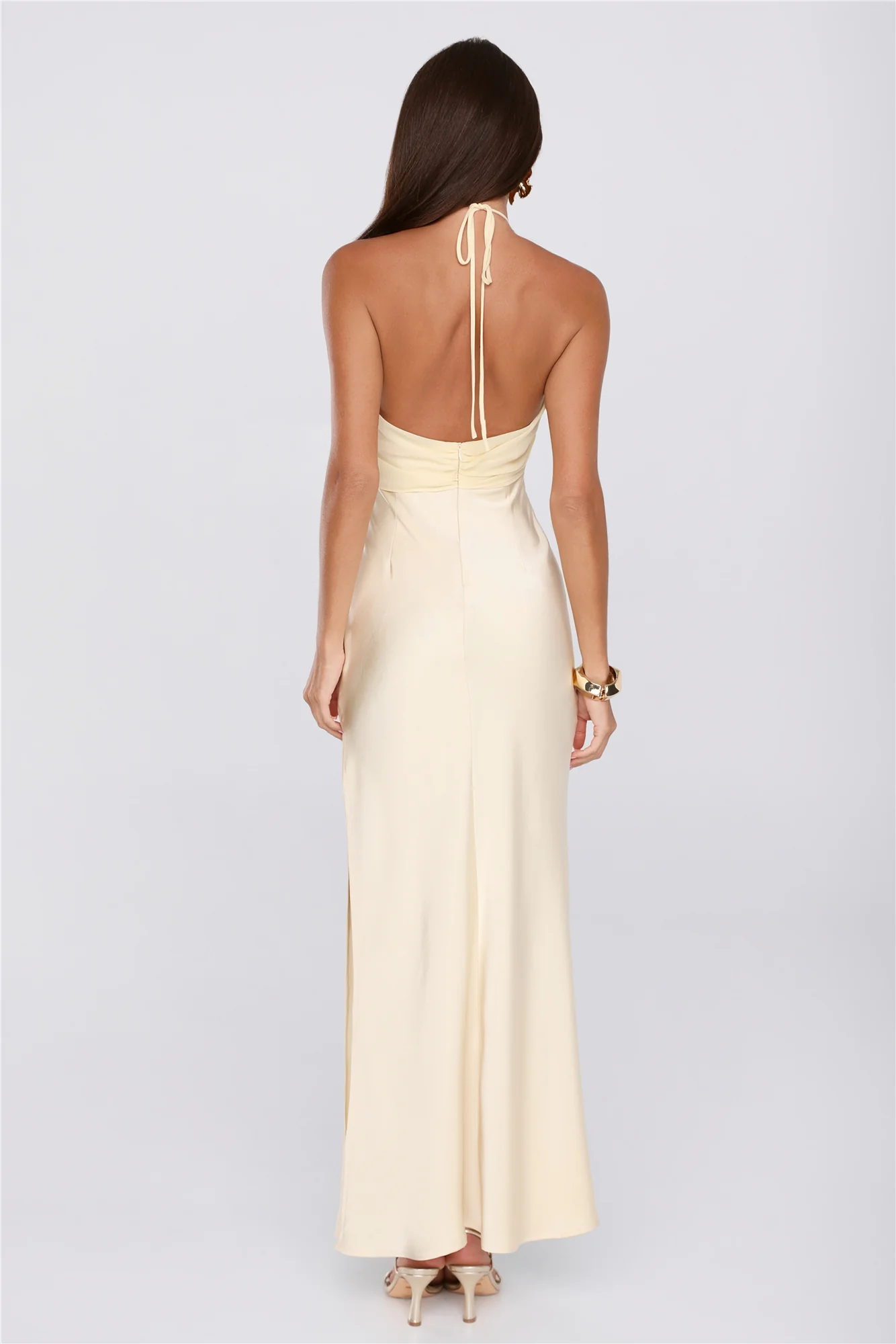 Irresistibly Sleek Halter Satin Maxi Dress Yellow - luluinthesky