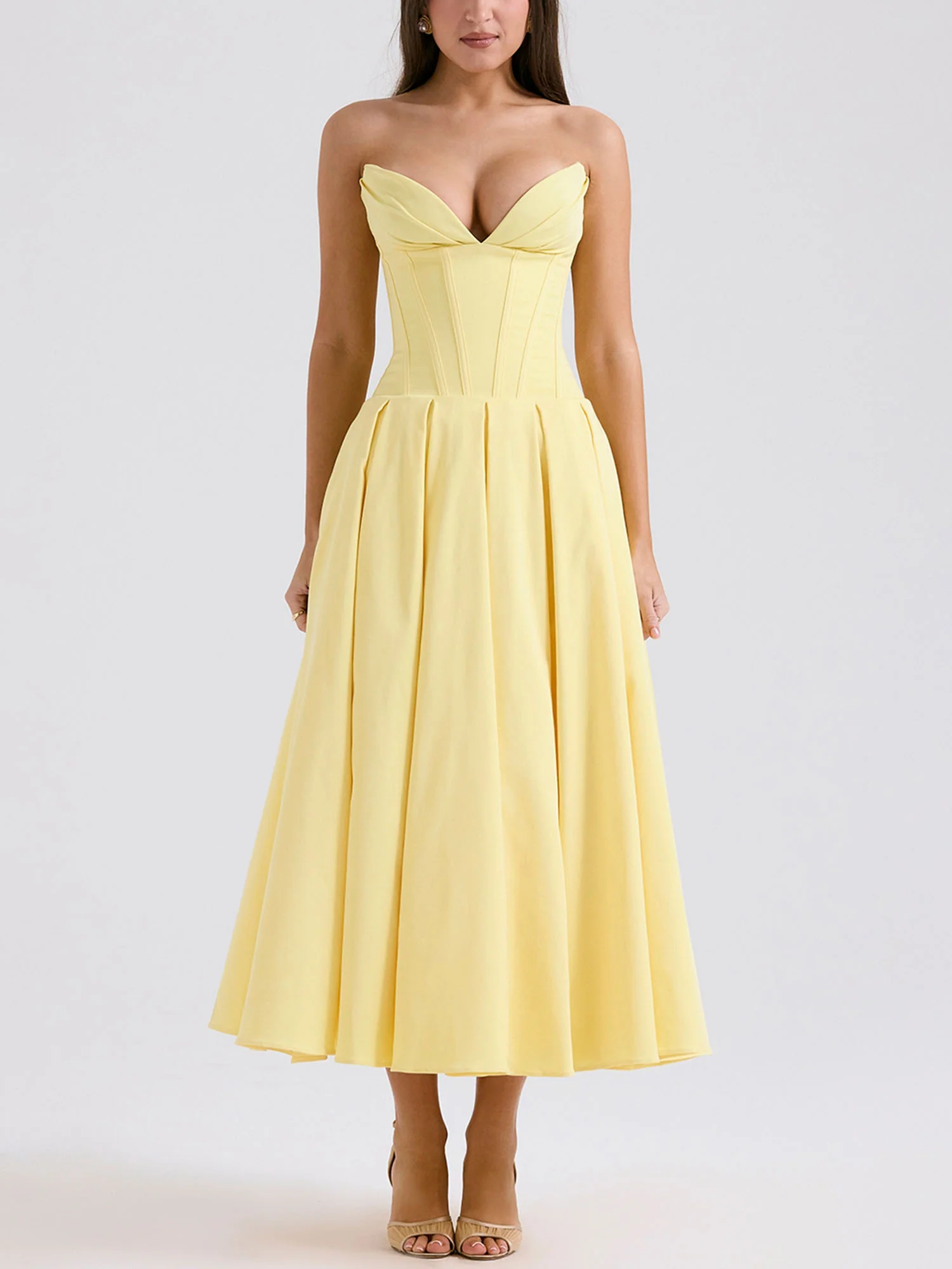 Yellow Strapless Fit-and-Flare Midi Dress