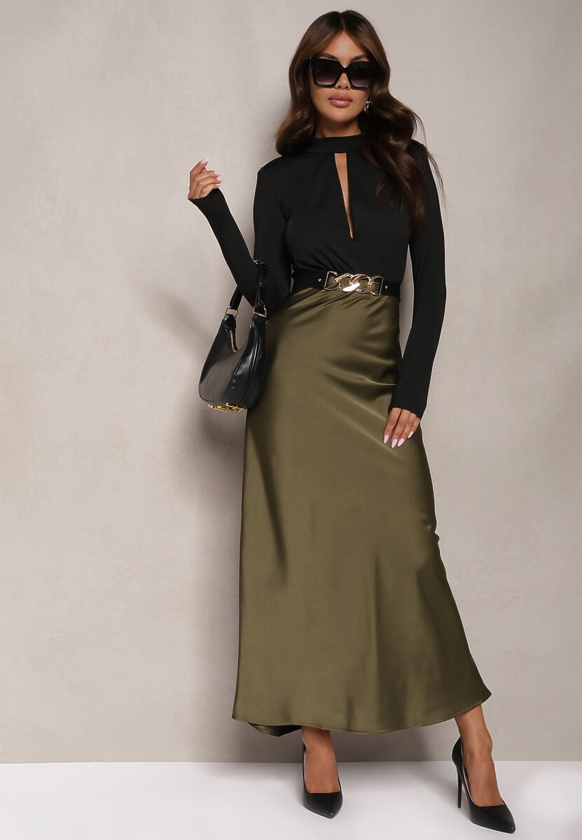 Ciemnozielona Satynowa Spódnica Maxi High Waist Formia
