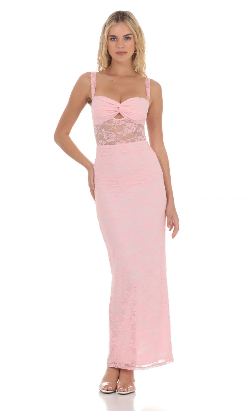Lace Twist Ruched Maxi Dress in Pink - luluinthesky