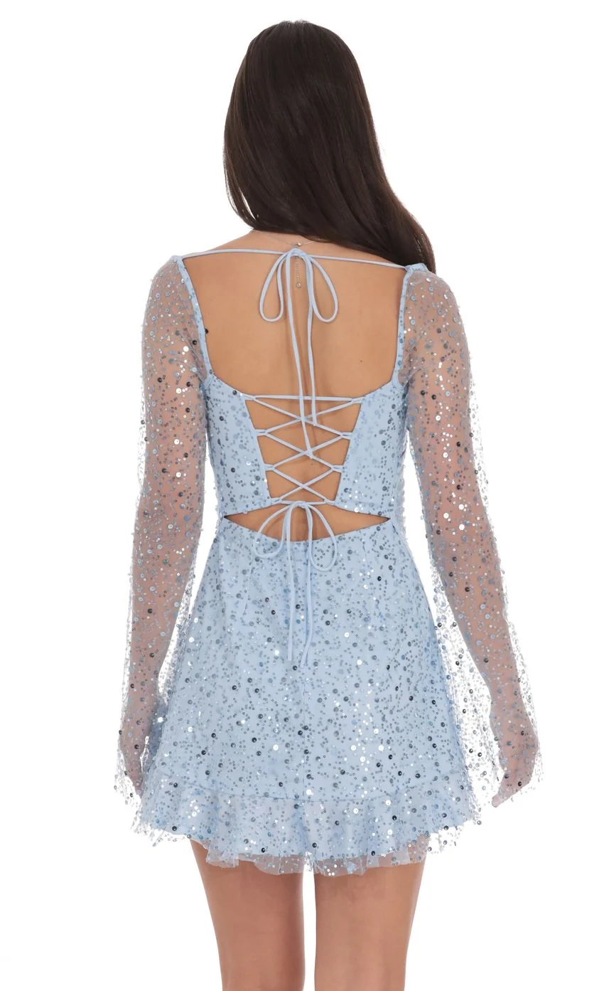 Sequin Flare Long Sleeve Dress in Light Blue