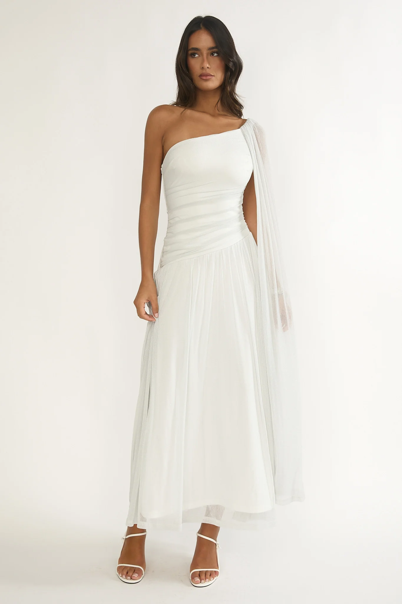 Zorina One-Shoulder Drape Maxi Dress Silver