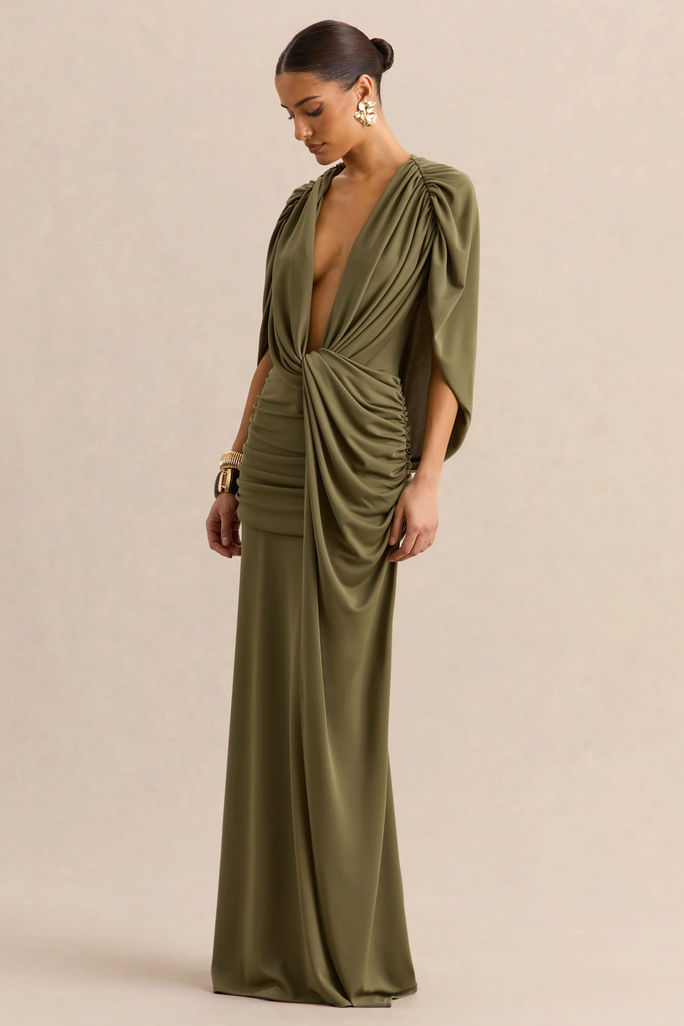 Marisea | Green Plunge-Neck Maxi Dress With Cape-Sleeves