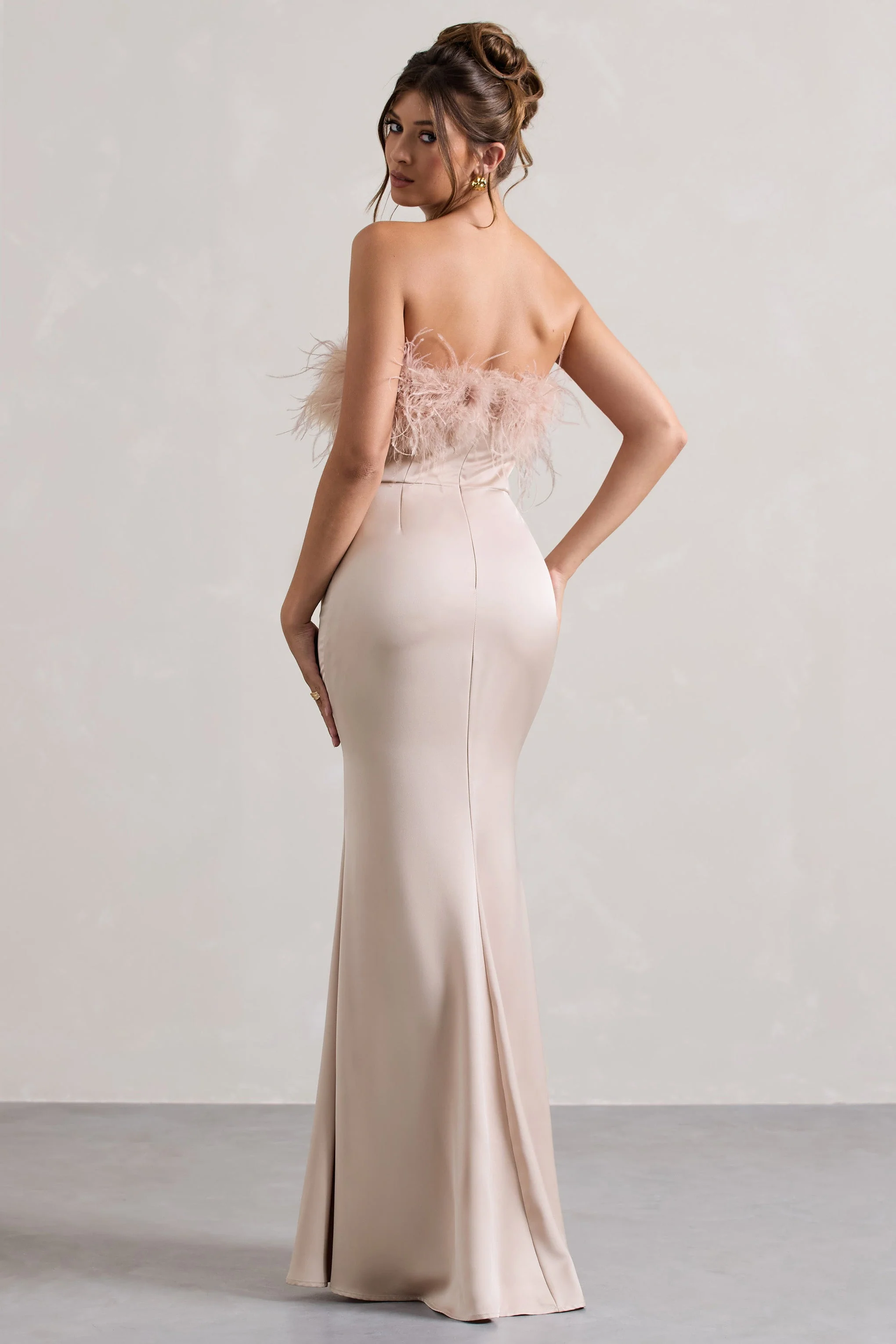 Dress For It | Champagne Satin Feather Trim Bandeau Maxi Dress