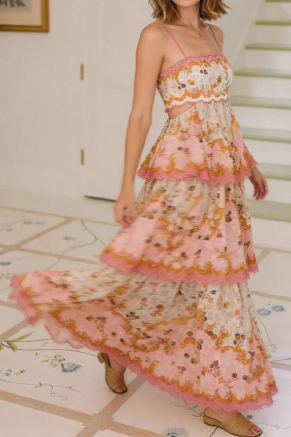 Daylight Unique Print Cutout Waist Back Lace-up Tiered Hem Maxi Dress - luluinthesky