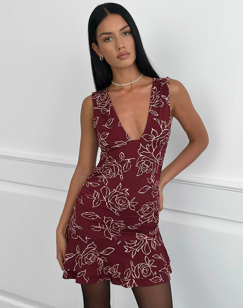 Lanai Mini Dress in Outline Rose Maroon