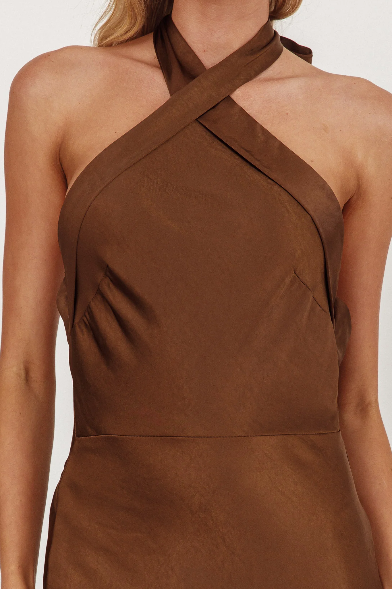 Italia Azure Crossover Halterneck Maxi Dress Chocolate - luluinthesky