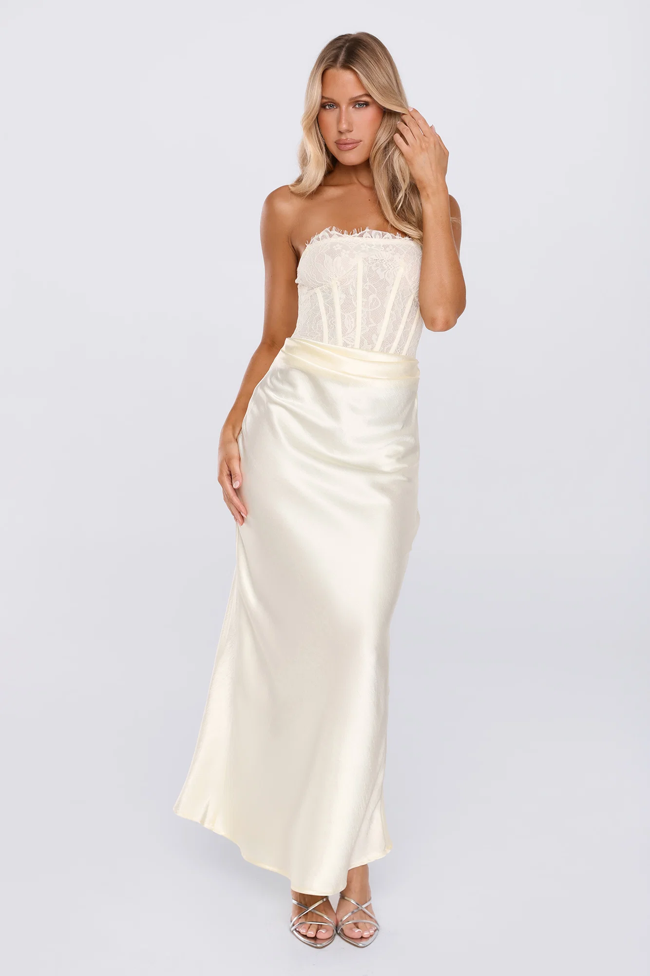 Only Lover Satin Lace Strapless Maxi Dress Yellow