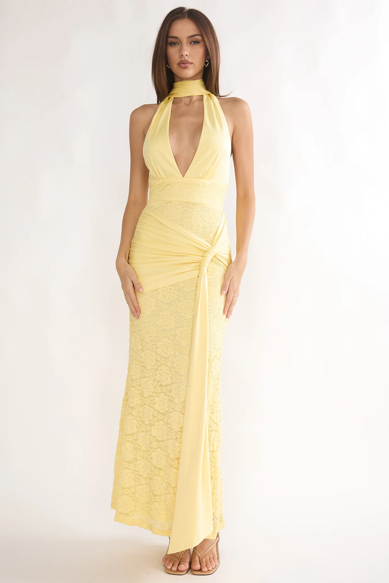 Adair Halterneck Waist Sash Maxi Dress Lace Butter