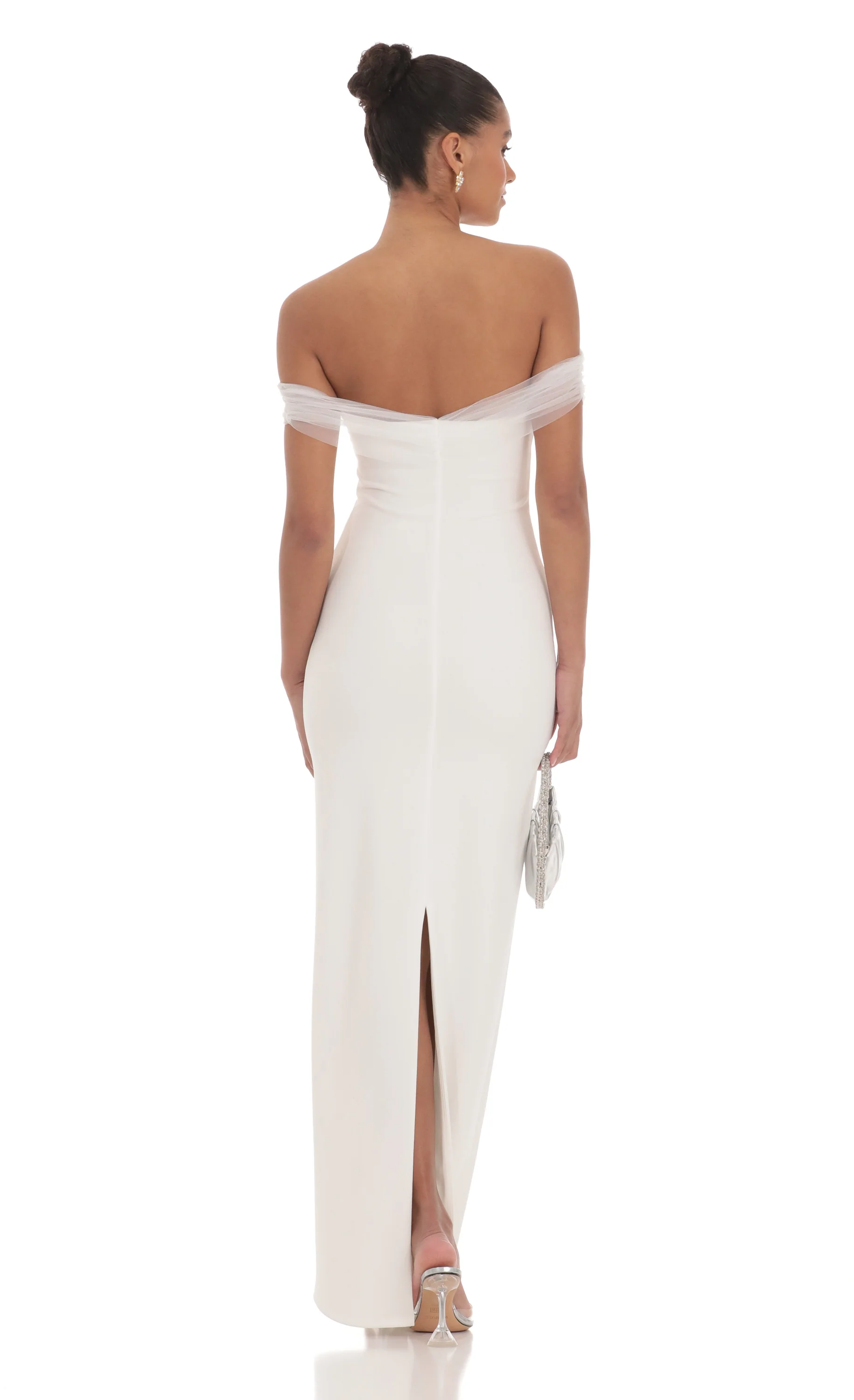 Tulle Off Shoulder Sleeve Maxi Dress in White