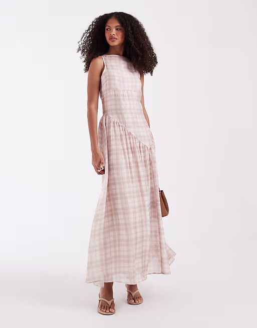 slash neck midi dress with asymmetric hem in cream plaid