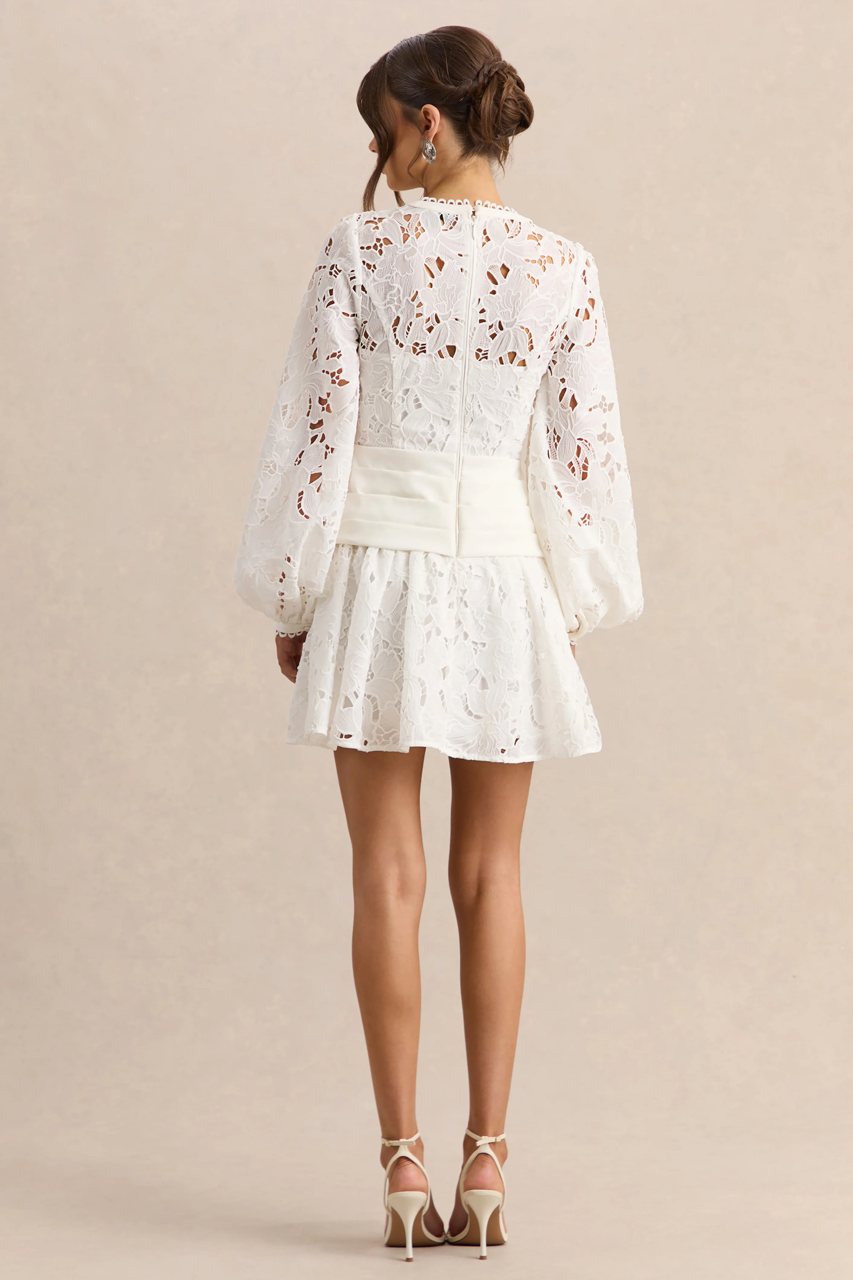 Helena | White Crew-Neck Mini Dress With Puff-Sleeves and Pleated Skirt