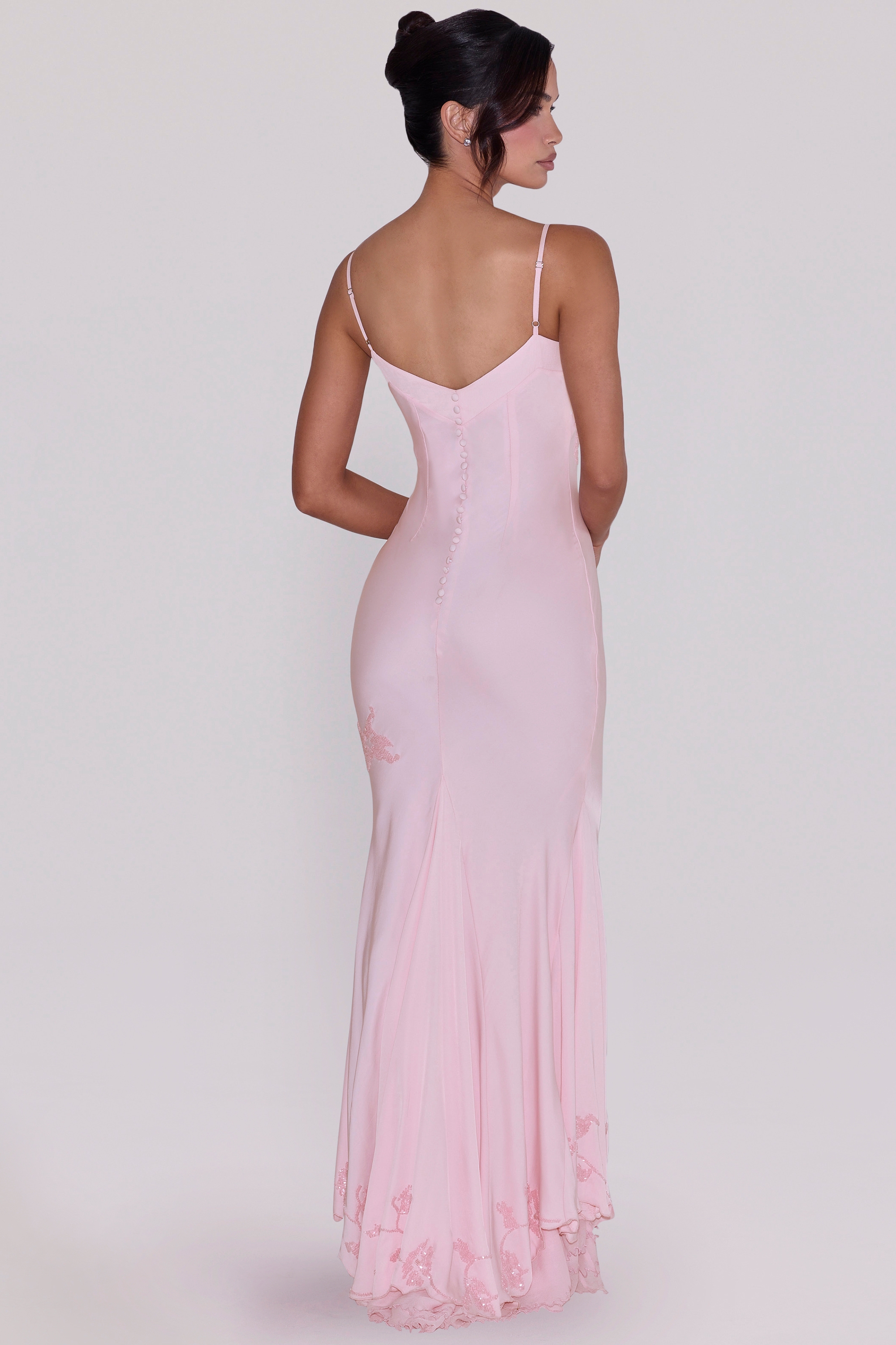 pink hand beaded embellished satin maxi dress