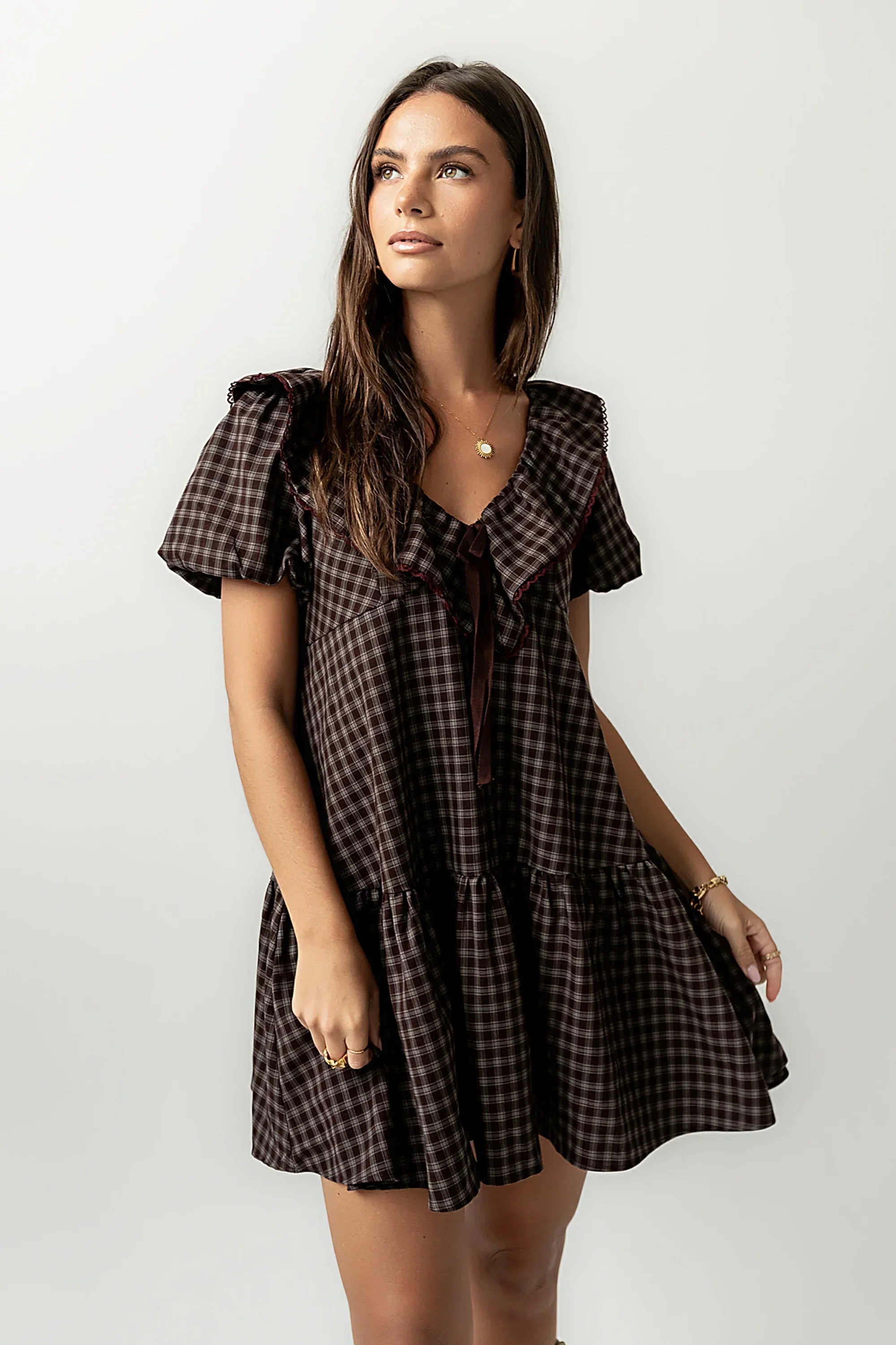 Tony Gingham Baby Doll Dress In Brown