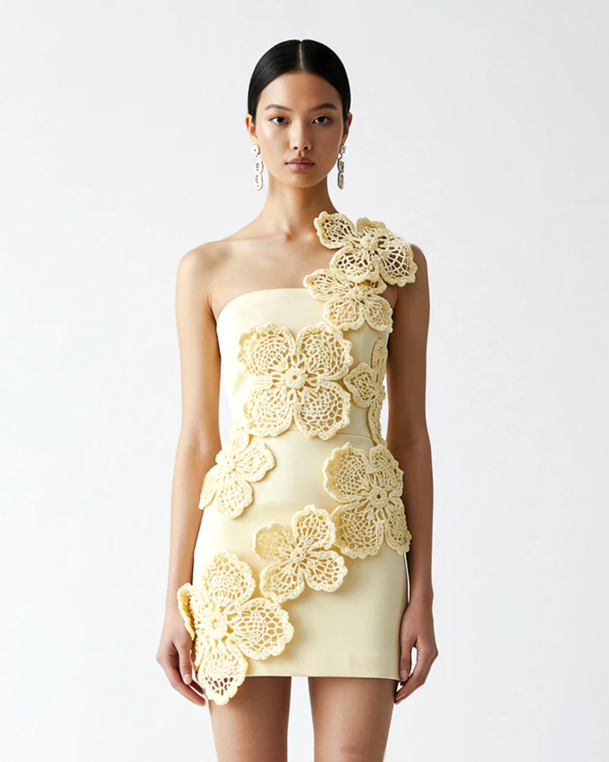 Crochet Floral Appliqué Mini Dress - Yellow - FASHION NOB