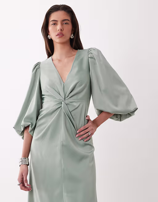 YAS knot front volume sleeve satin midi dress in milieu green