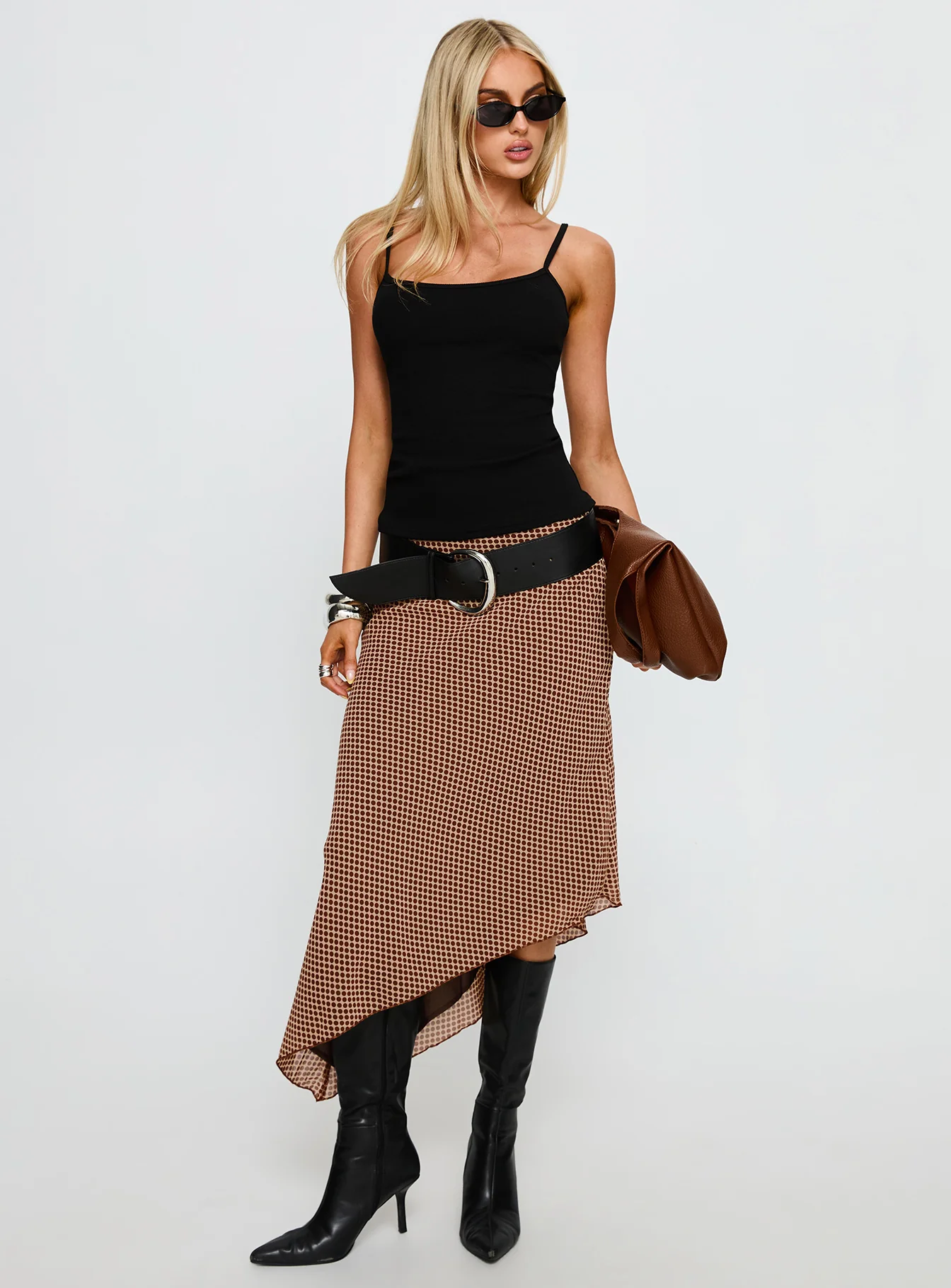 Suella Asymmetrical Midi Skirt Brown Polka Dot