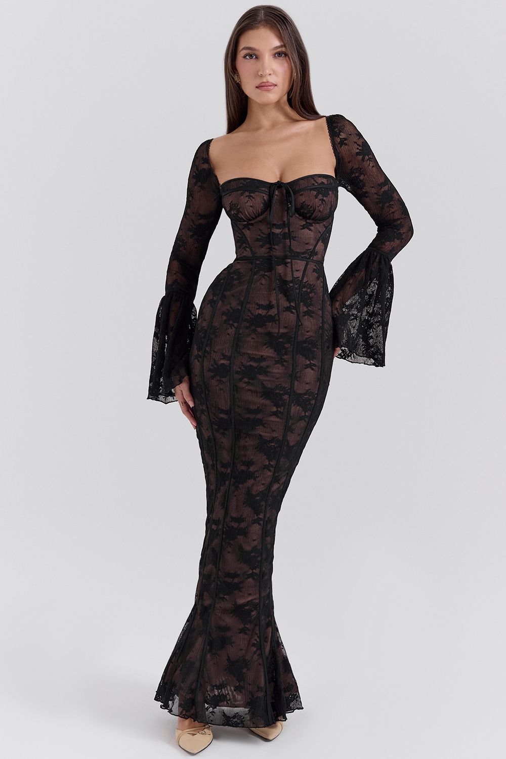 black long sleeve lace maxi dress
