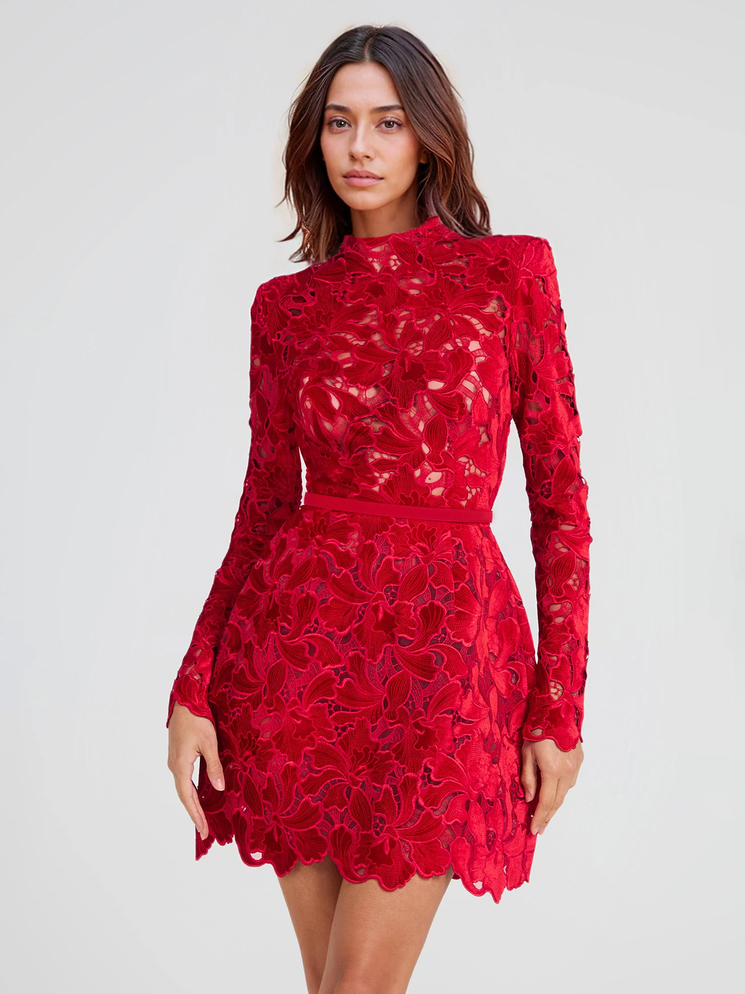 Lace Long Sleeve Mini Dress with Scalloped Hem