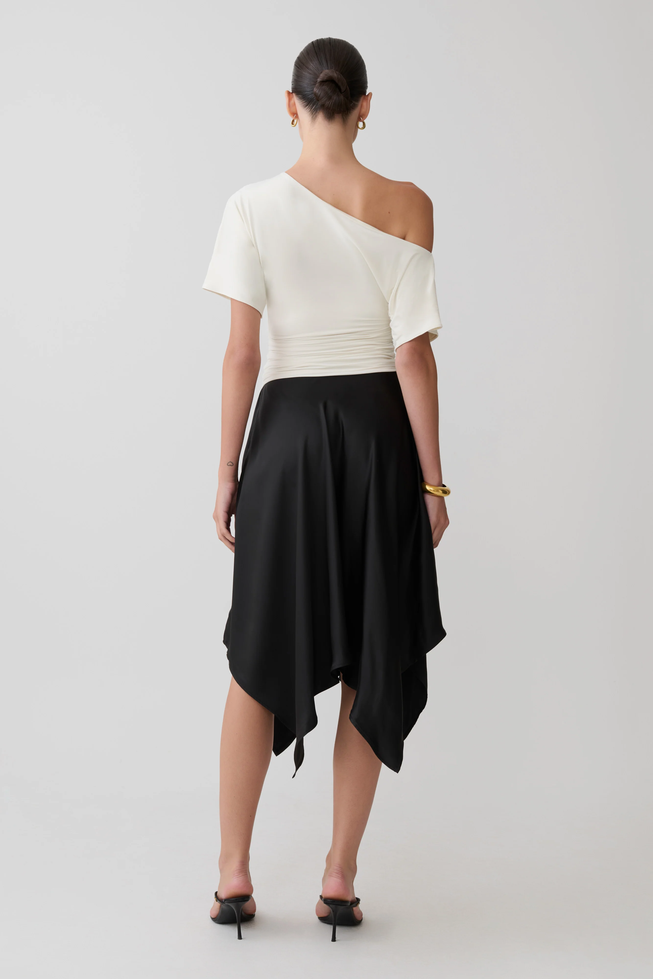 Coralie Asymmetric Satin Midi Skirt - Black