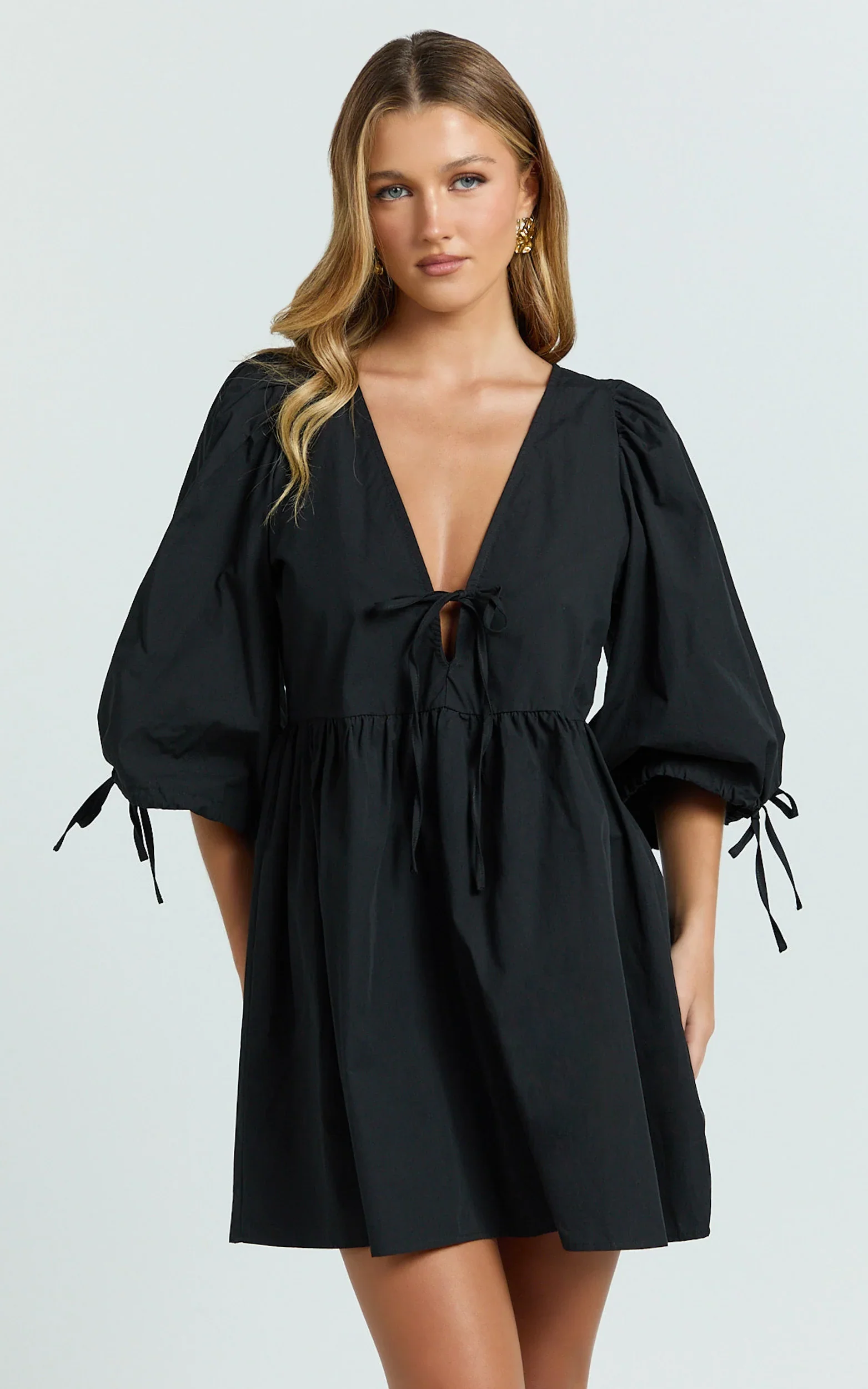 Rosita Mini Dress - Tie Front Puff Sleeve Dress in Black