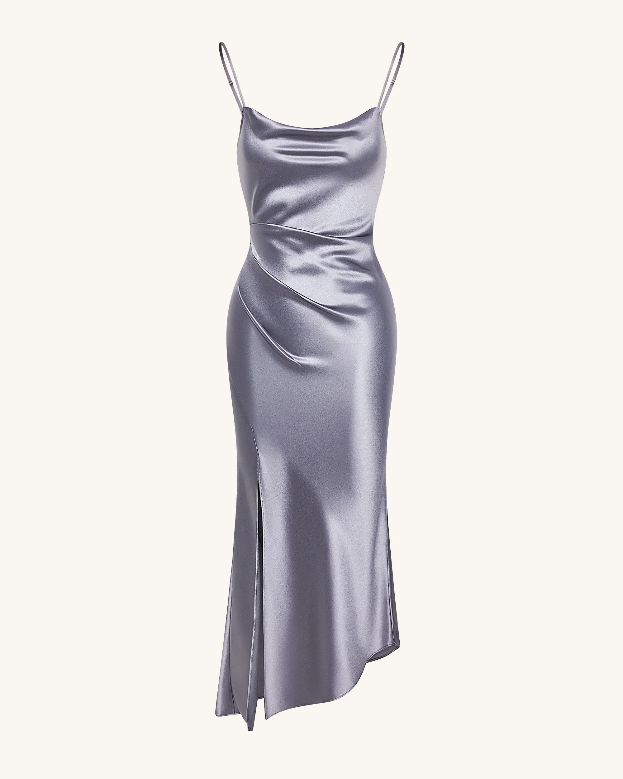 Liquid Satin Cowl-Slit Gown - Silver - FASHION NOB