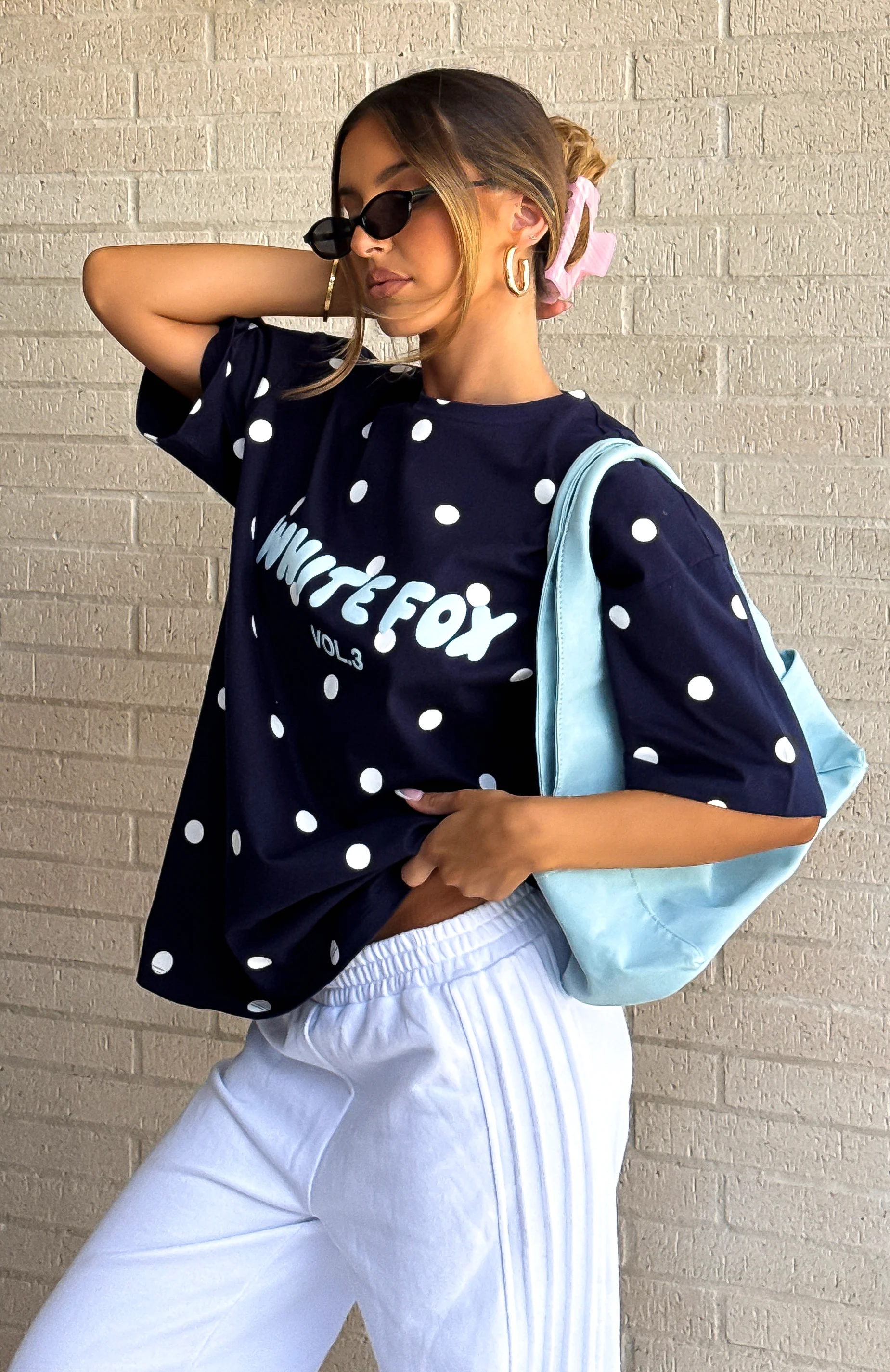 Offstage Printed Oversized Tee Navy Polka Dot
