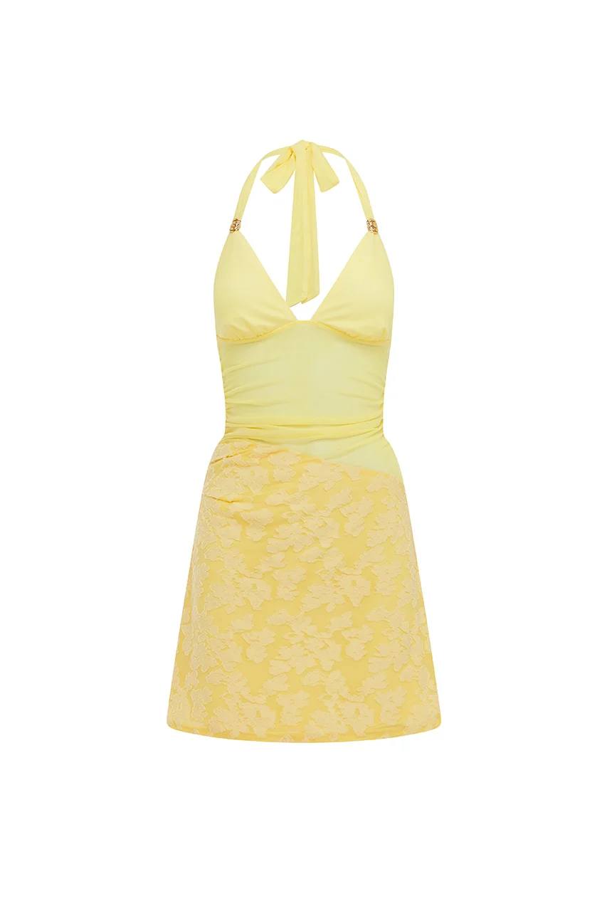 SUNI HALTER CUTOUT MINI DRESS - LEMON