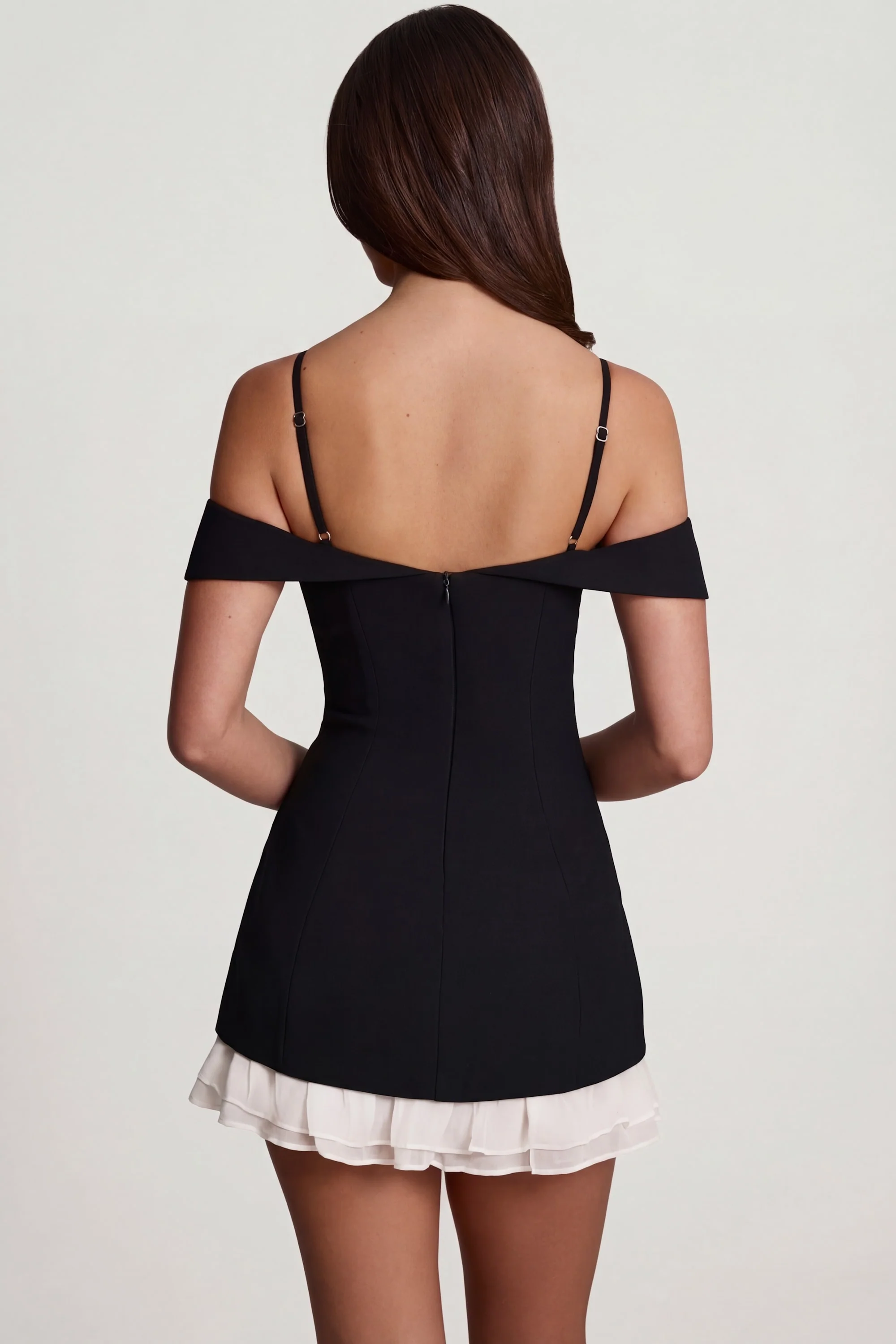 Off-Shoulder Ruffle A-Line Mini Dress in Black