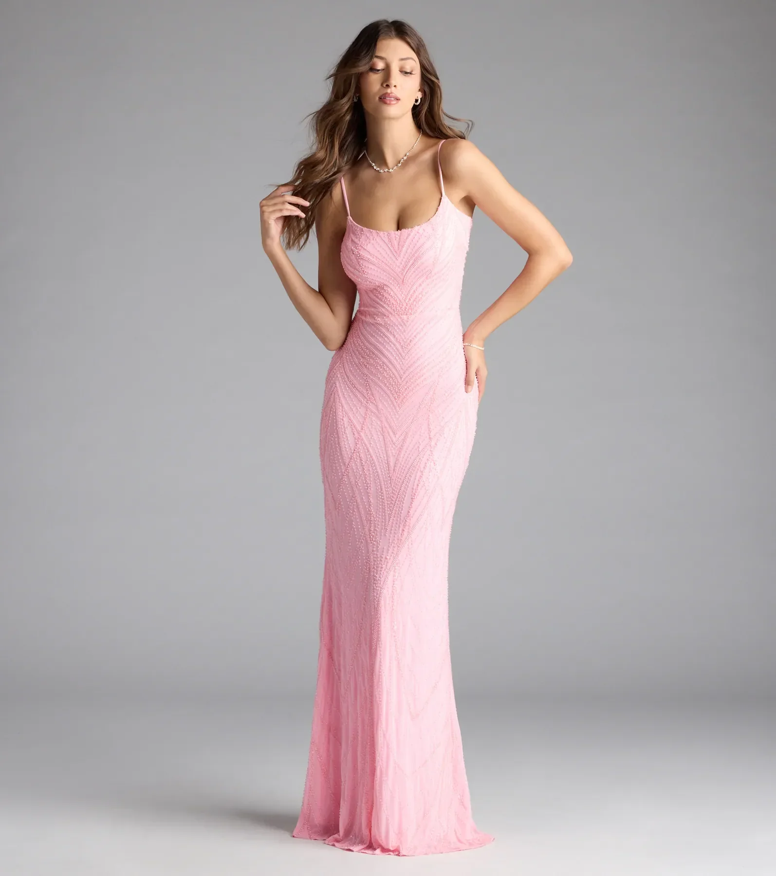 Betsey Lace-Up Mermaid Sequin Bead Formal Dress