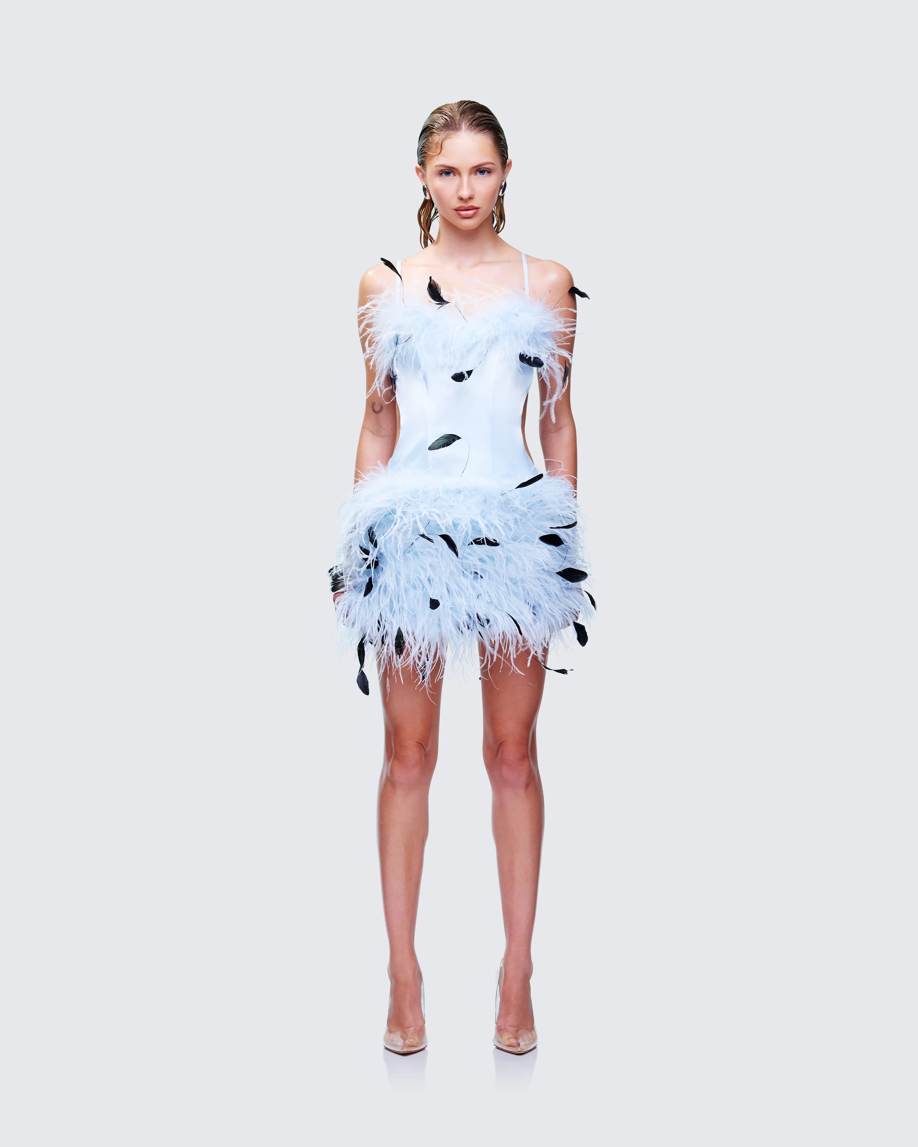 Meadow Blue Feather Backless Mini Dress
