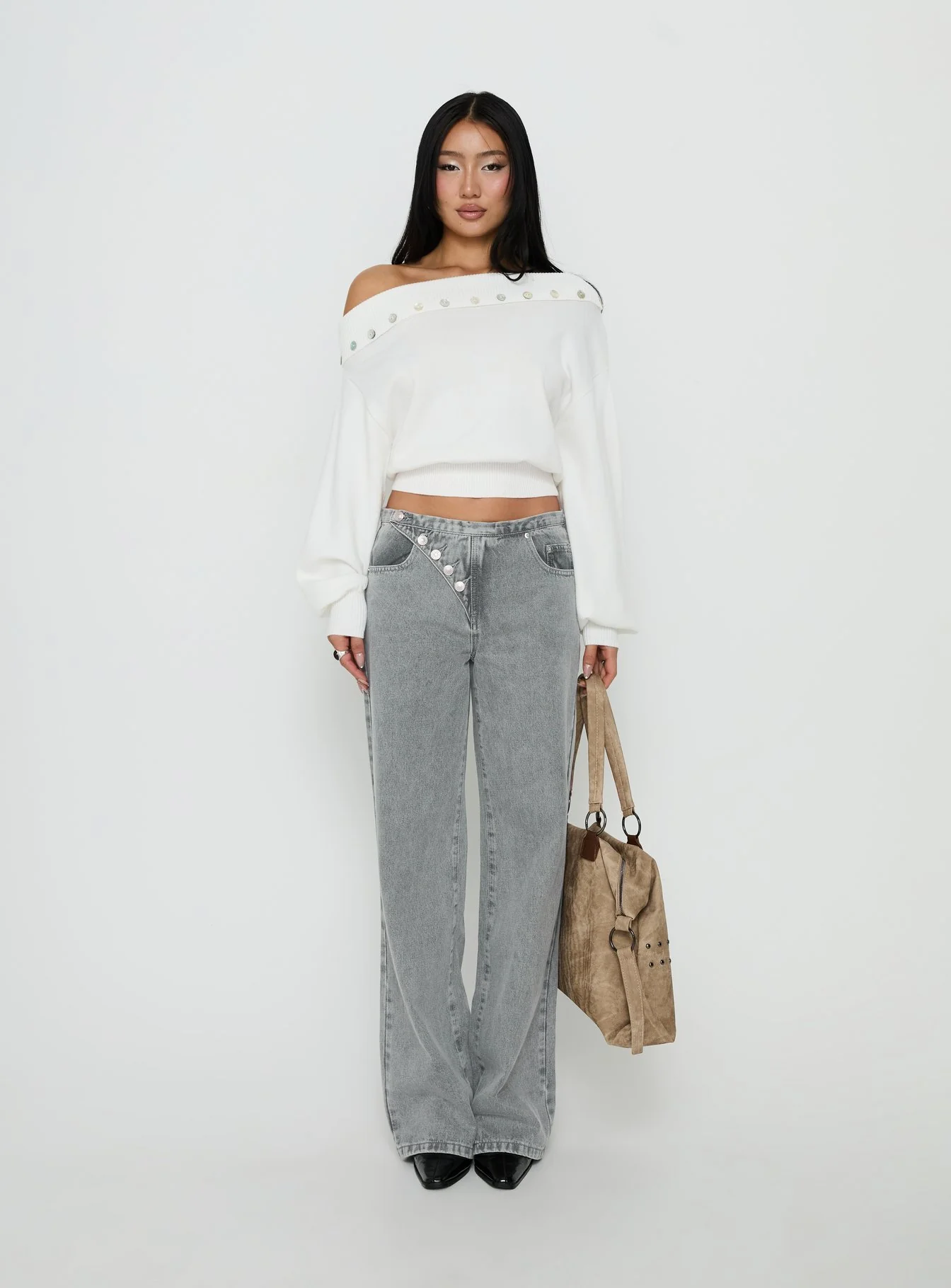 Pipper Asymmetrical Button Up Jeans Grey Wash