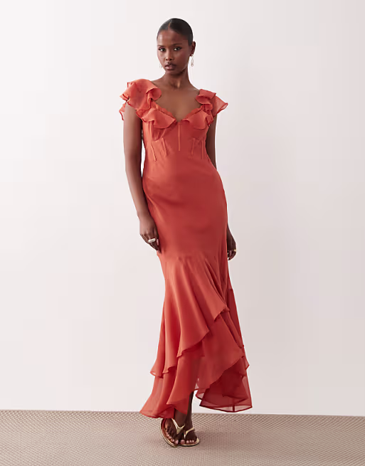 frill sleeve maxi dress with fishtail hem in terracotta