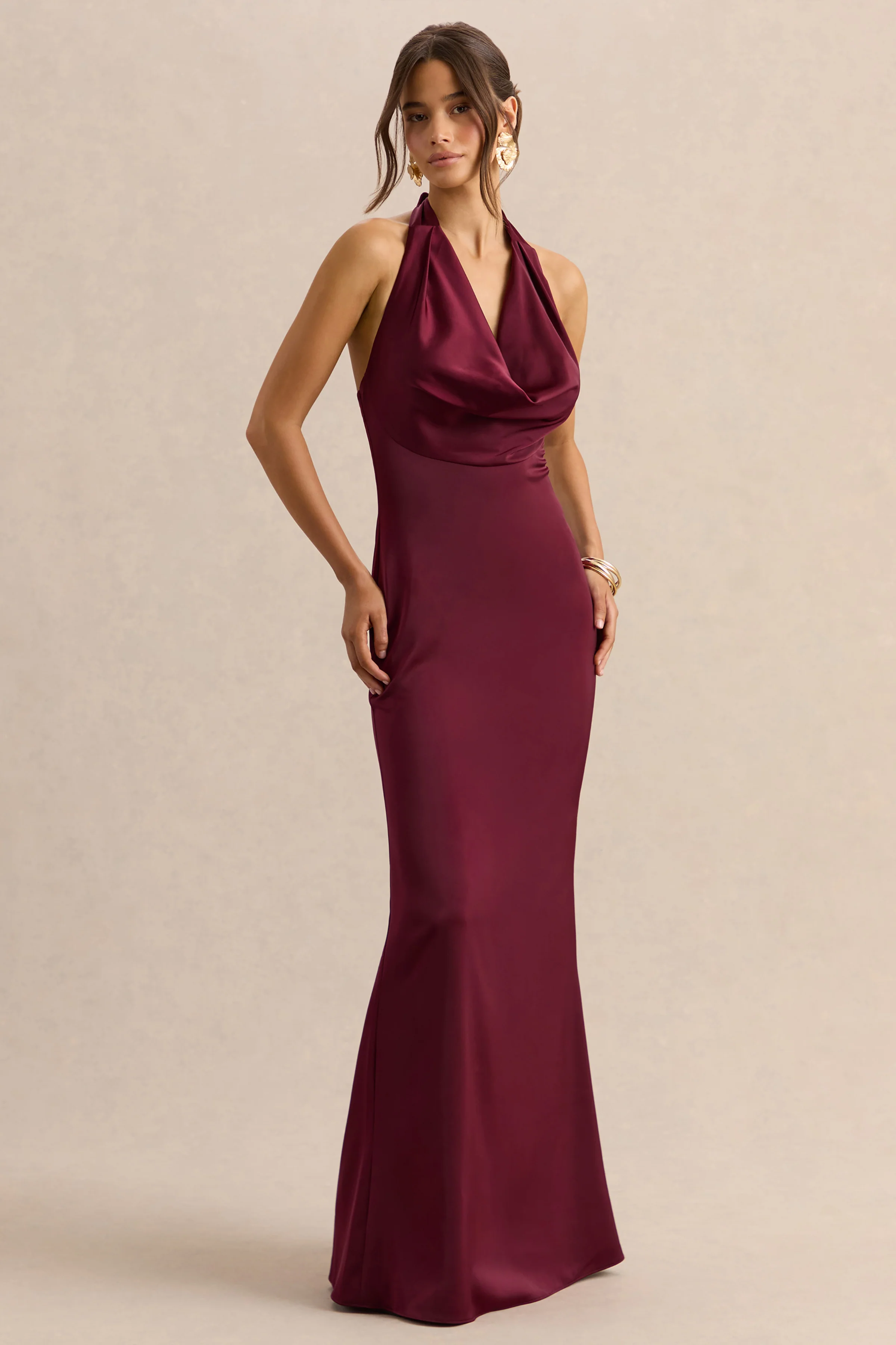 Aralisse | Burgundy Satin Cowl-Neck Maxi Dress