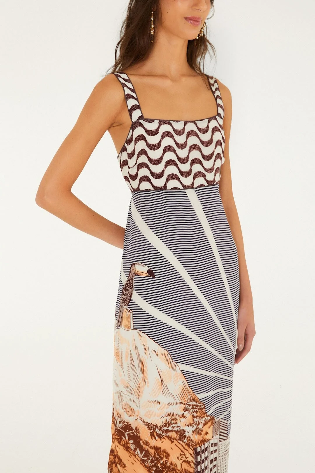 Mixed Carioca Coffee Scarves Sleeveless Midi Dress