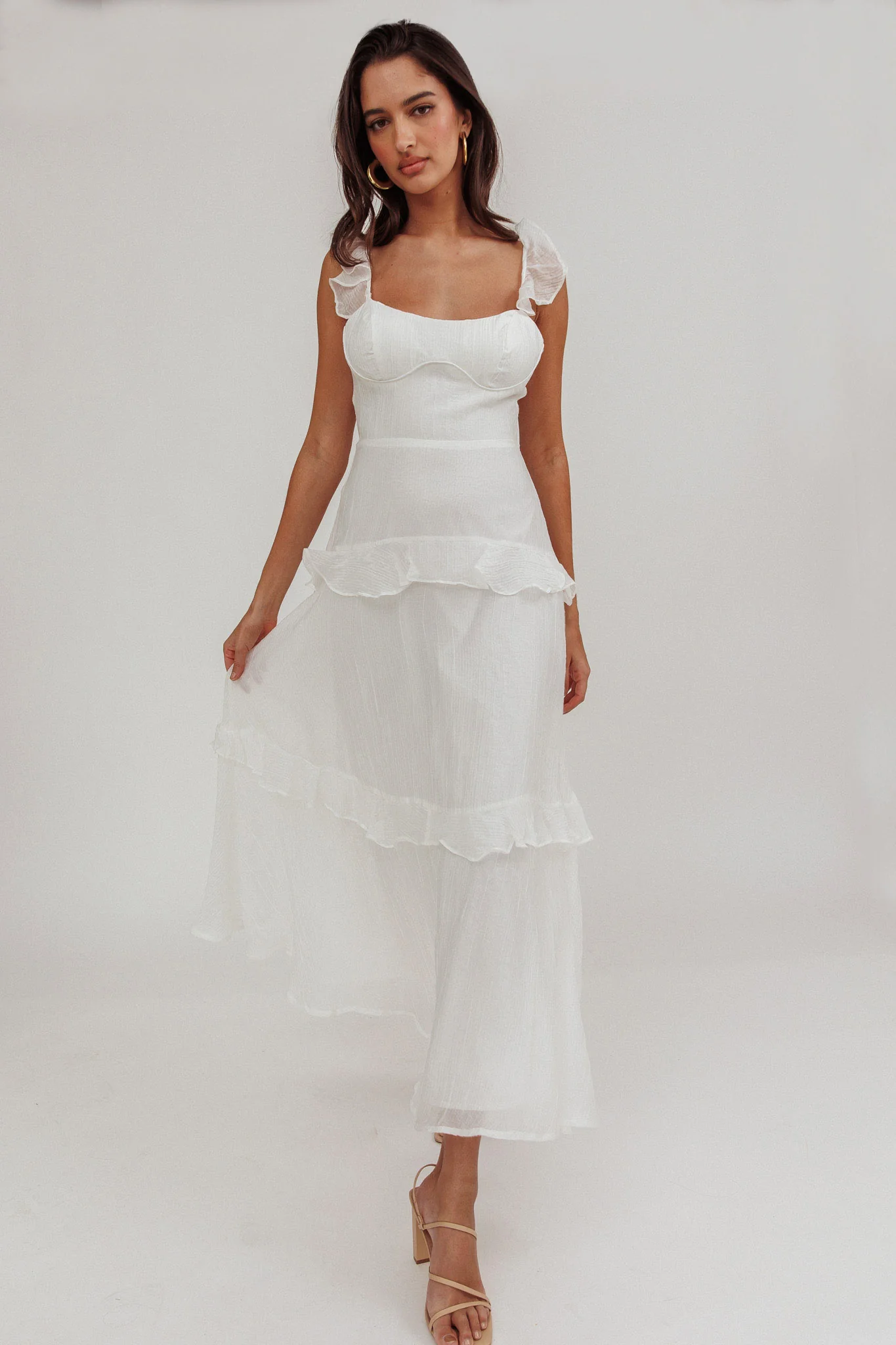 Moonlit Moment Ruffle Trim Lace-Up Back Maxi Dress White - luluinthesky