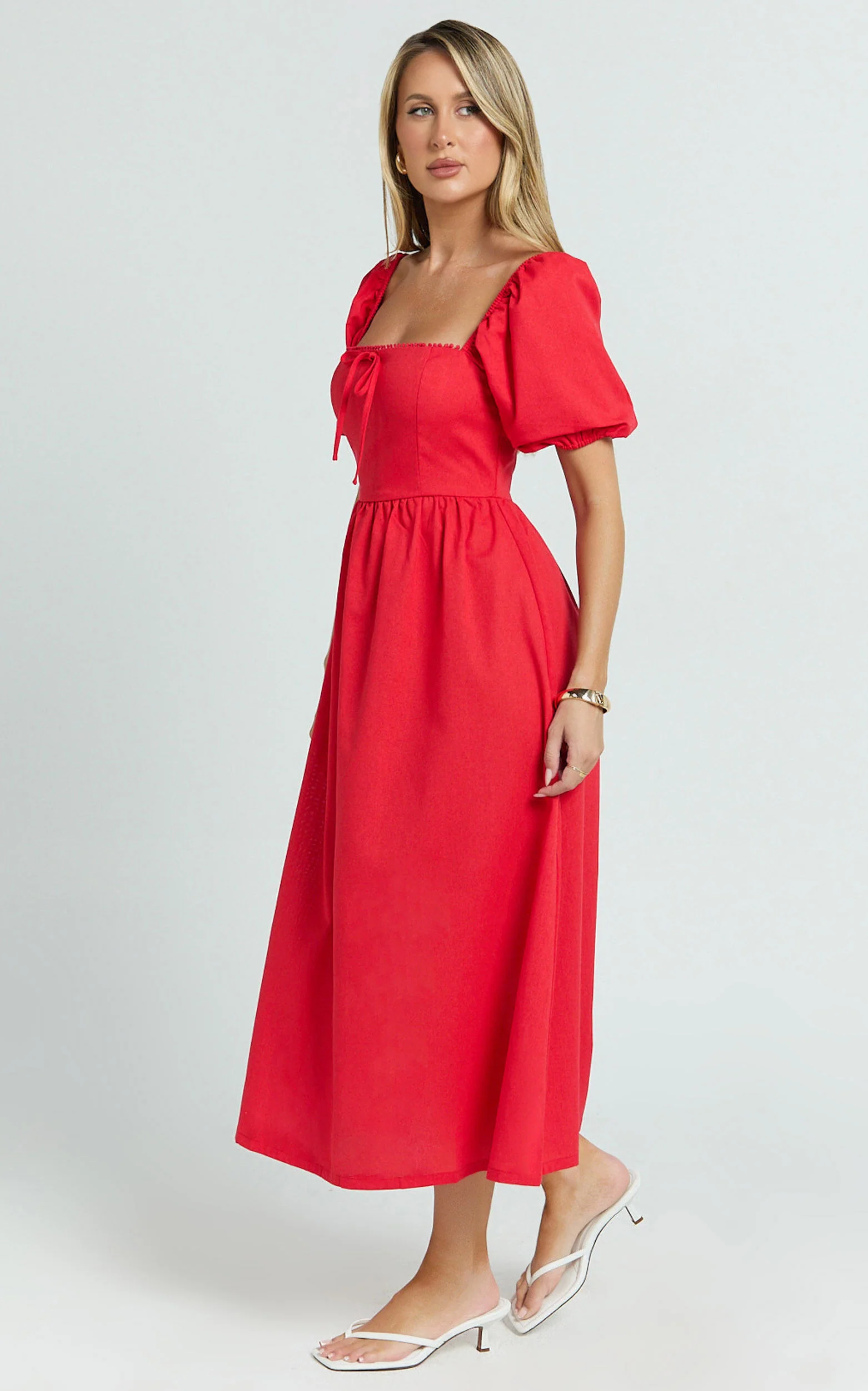 Quinn Midi Linen Dress - Puff Sleeve Square Neck Dress in Red
