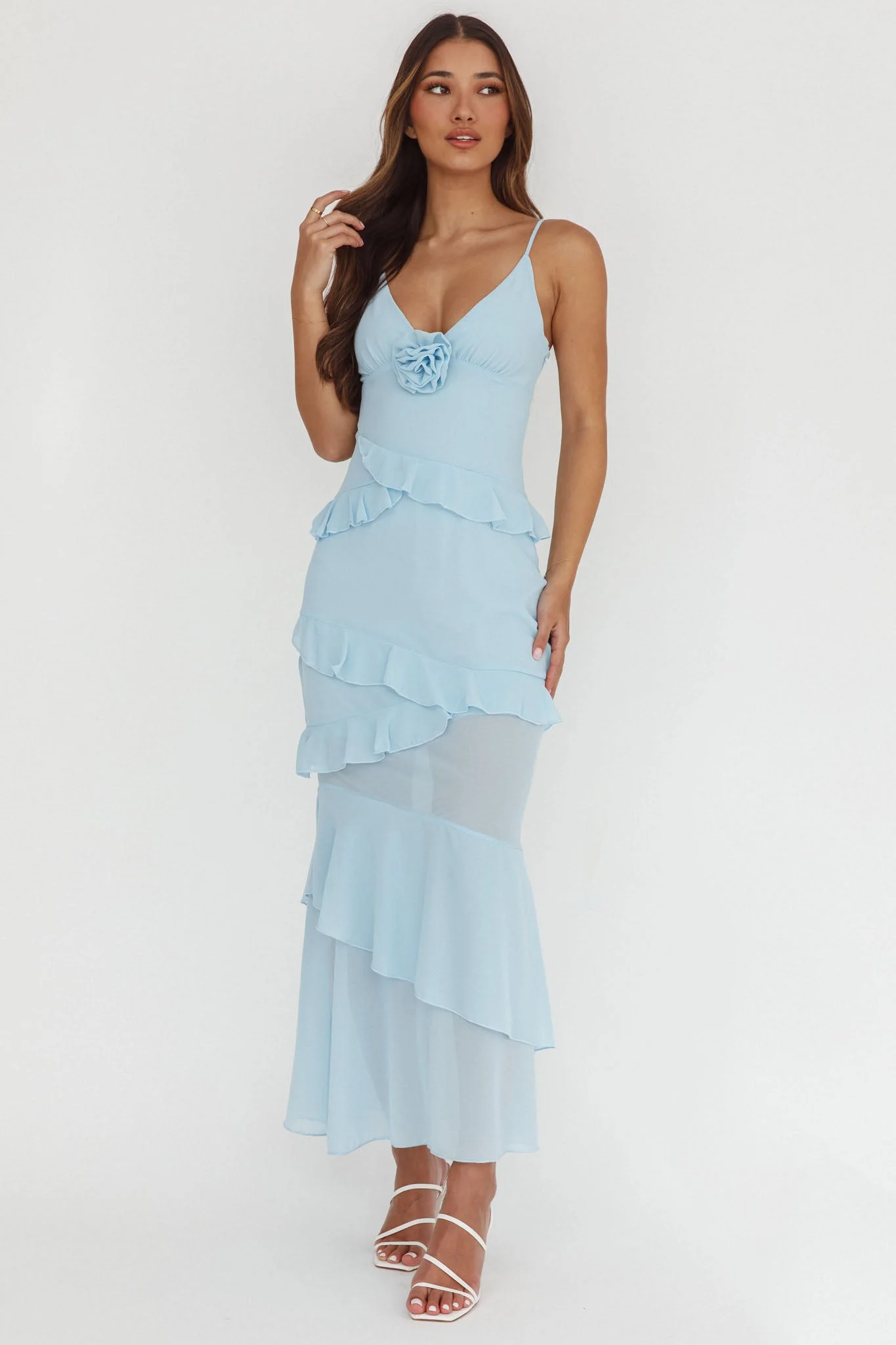 Marlie Frill Trim Rosette Maxi Dress Blue