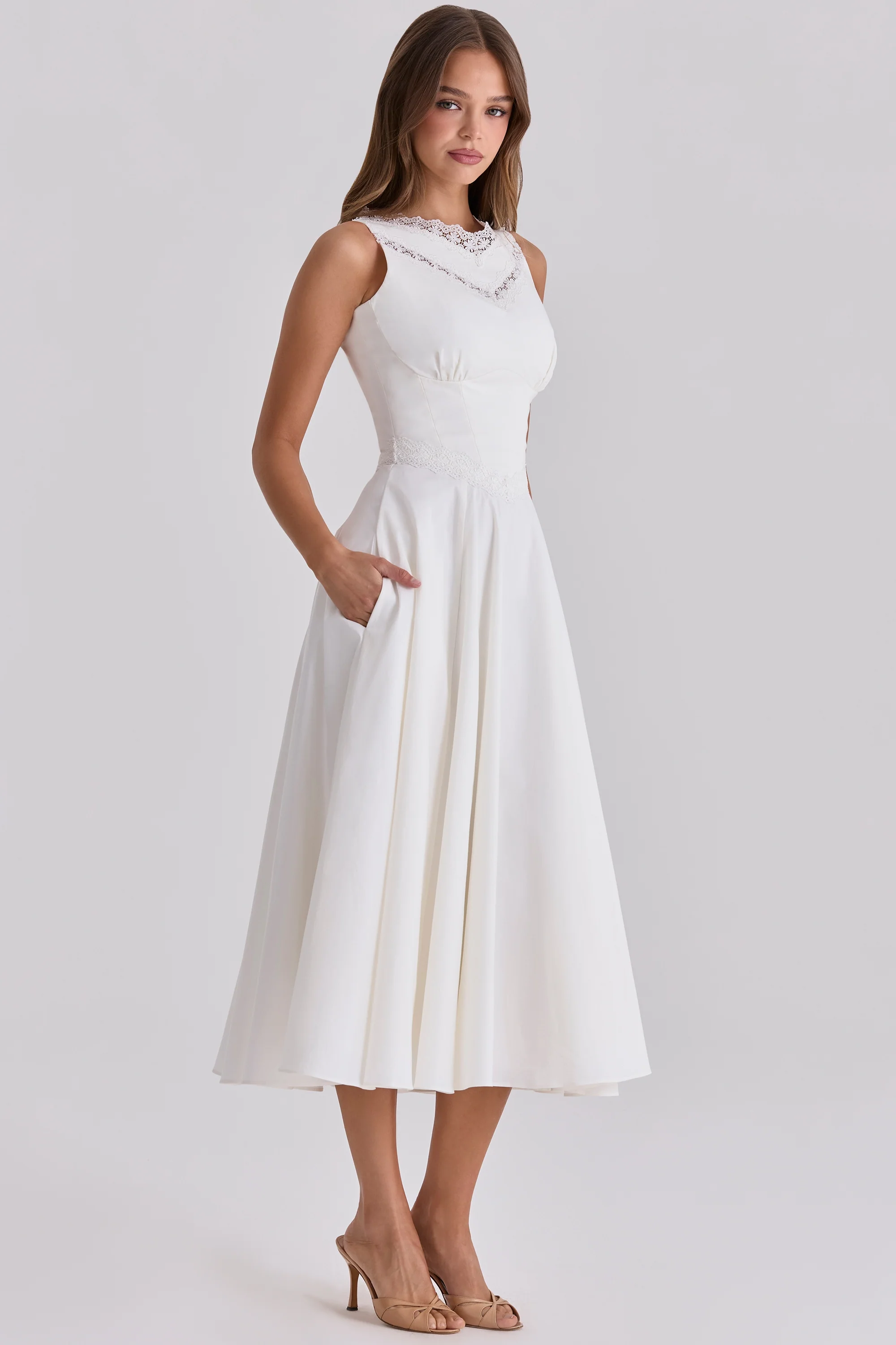 white cotton lace trim waist cinch midi dress - luluinthesky