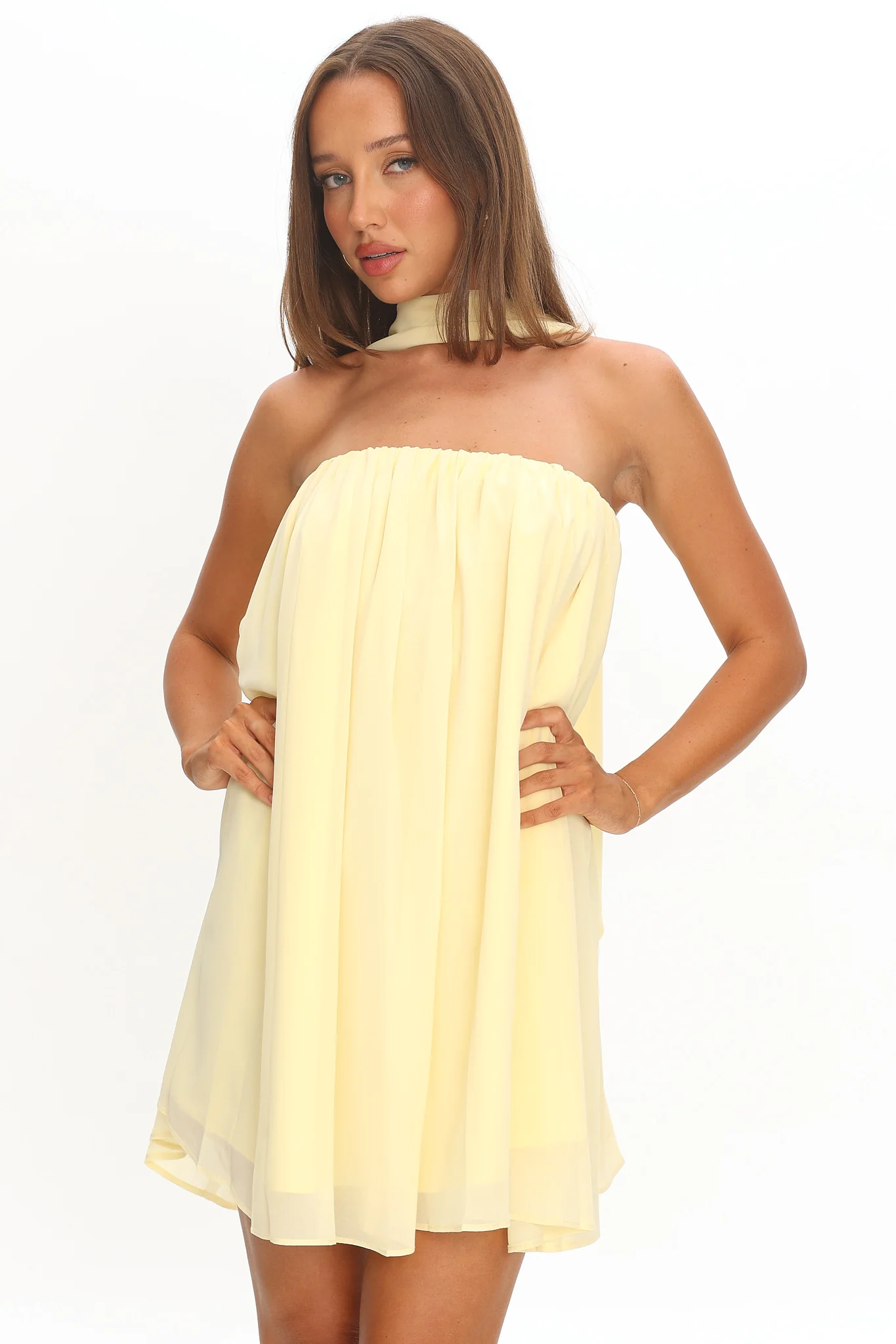 Read The Signs Strapless Mini Dress Butter - luluinthesky